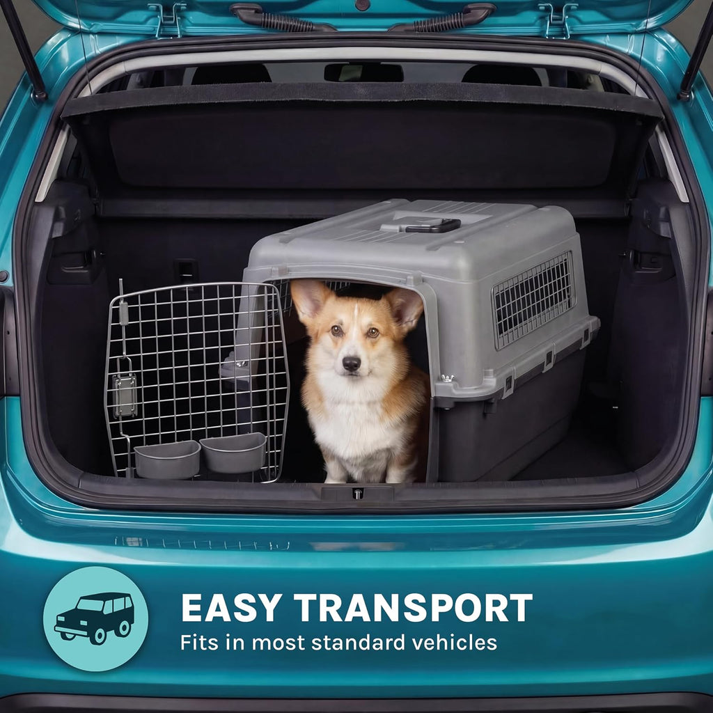 SportPet Airline Compliant MEDIUM 26.5' Travel Dog Kennel-Durable Plastic Airline Pet Carrier w/ Removable Wheels & Food Bowls, Collapsible Indoor/Outdoor Dog Kennel, Dogs up to 23'L & 15'H-Dark Gray