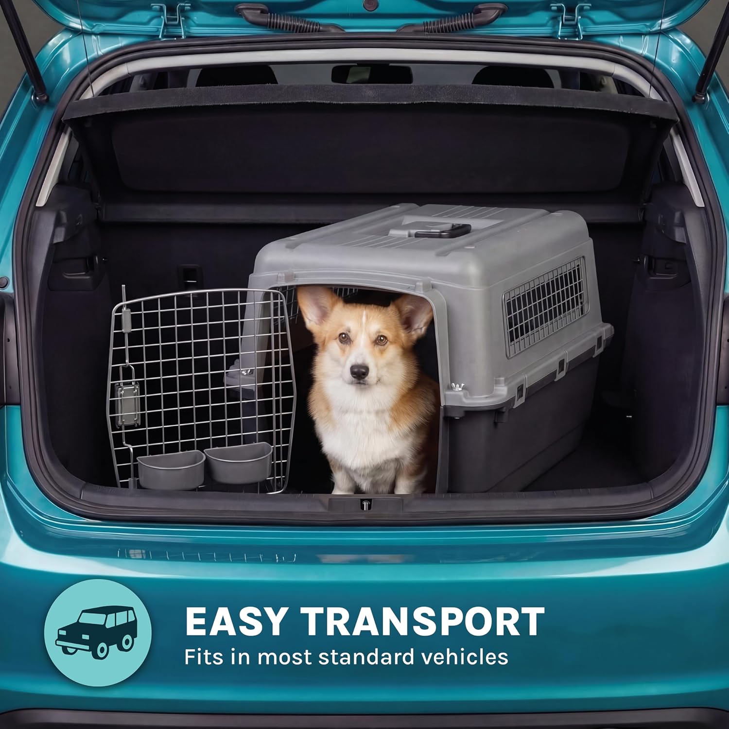 SportPet Airline Compliant MEDIUM 26.5' Travel Dog Kennel-Durable Plastic Airline Pet Carrier w/ Removable Wheels & Food Bowls, Collapsible Indoor/Outdoor Dog Kennel, Dogs up to 23'L & 15'H-Dark Gray