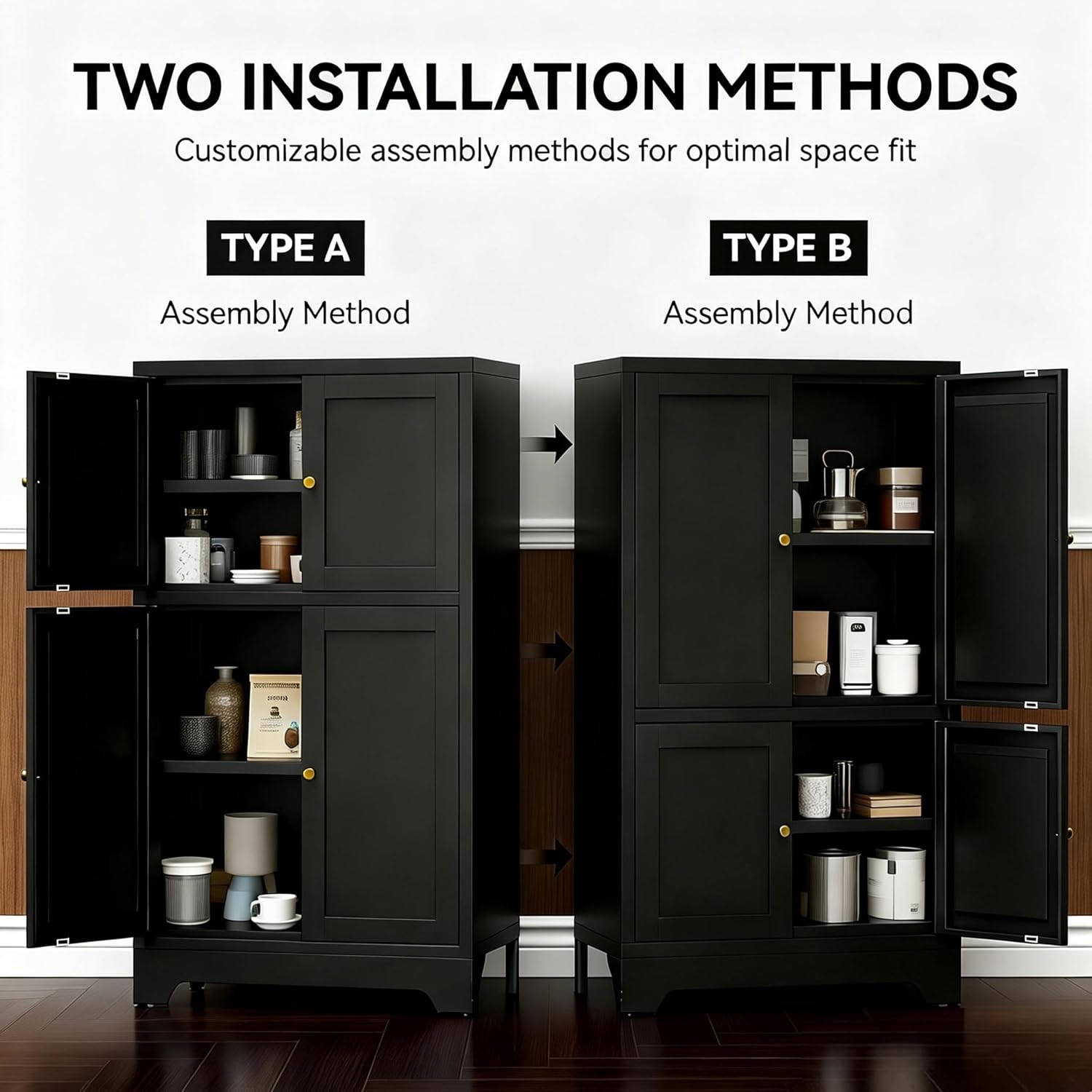 43' H Small Black Cabinet,Bathroom Floor Storage Cabinet,Metal Bathroom Cabinets Freestanding