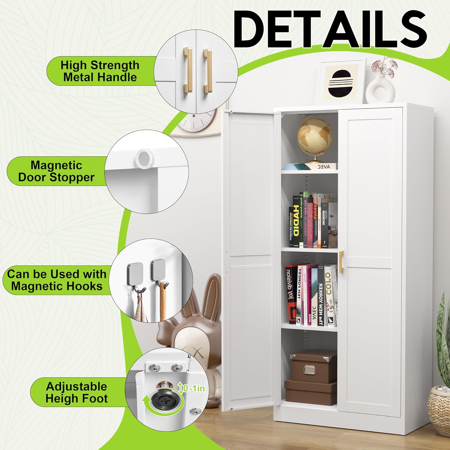 UNICOLY Metal Kitchen Pantry Cabinet, Storage Cabinet with Doors and Shelves, Cupboard with Adjustable Leveling Foot, for Laundry, Living Room, Bathroom, Dinning Room, Assembly Required, White 60' H