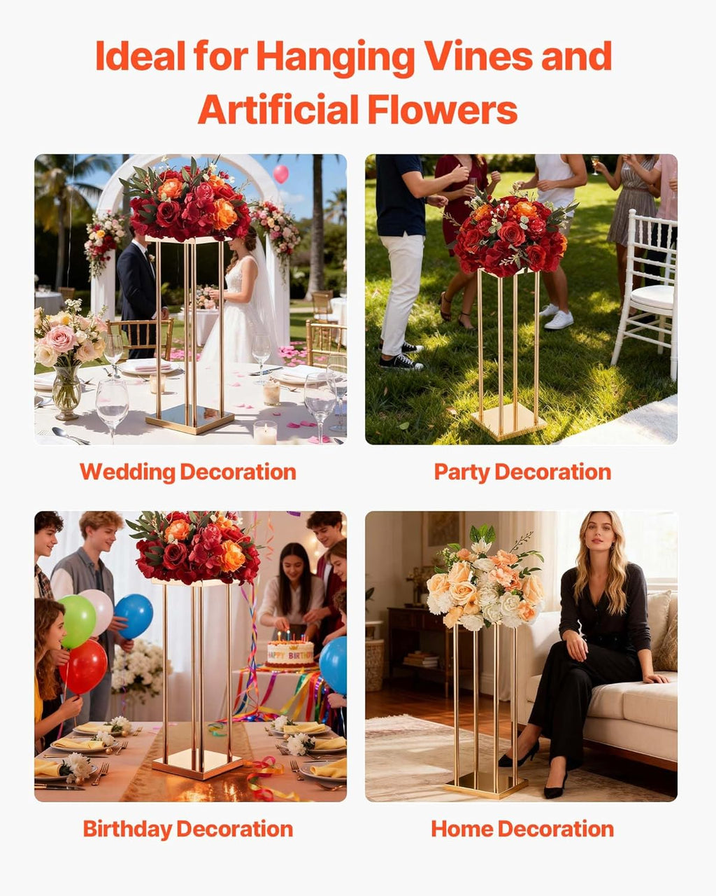 VEVOR Wedding Flower Stand, 10PCS 23.62-inch Column Flower Stand, Floral Stands with Metal Laminate, Cylindrical Cubic Floral Display Rack for Wedding, Party, Birthday, Home,French Gold Centerpiece Stands