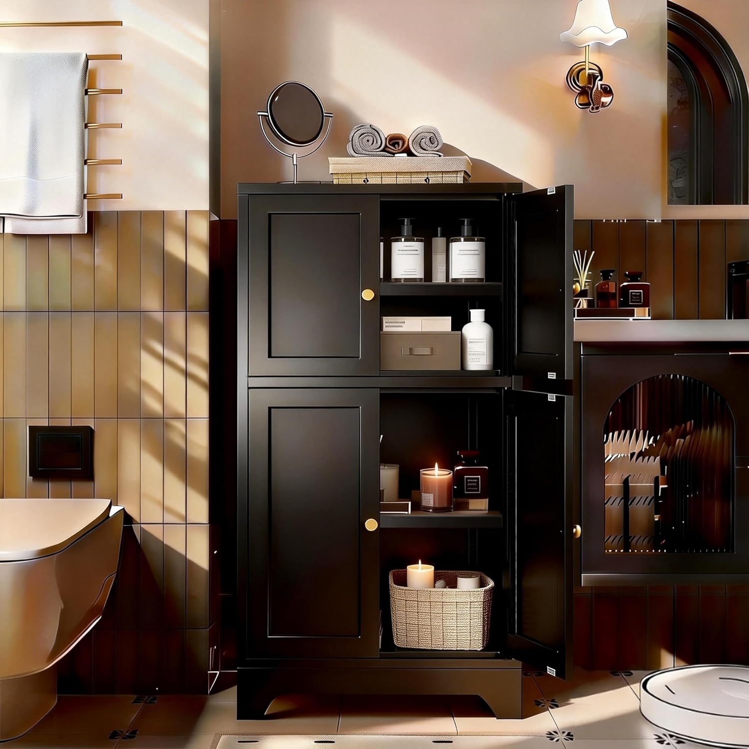 43' H Small Black Cabinet,Bathroom Floor Storage Cabinet,Metal Bathroom Cabinets Freestanding