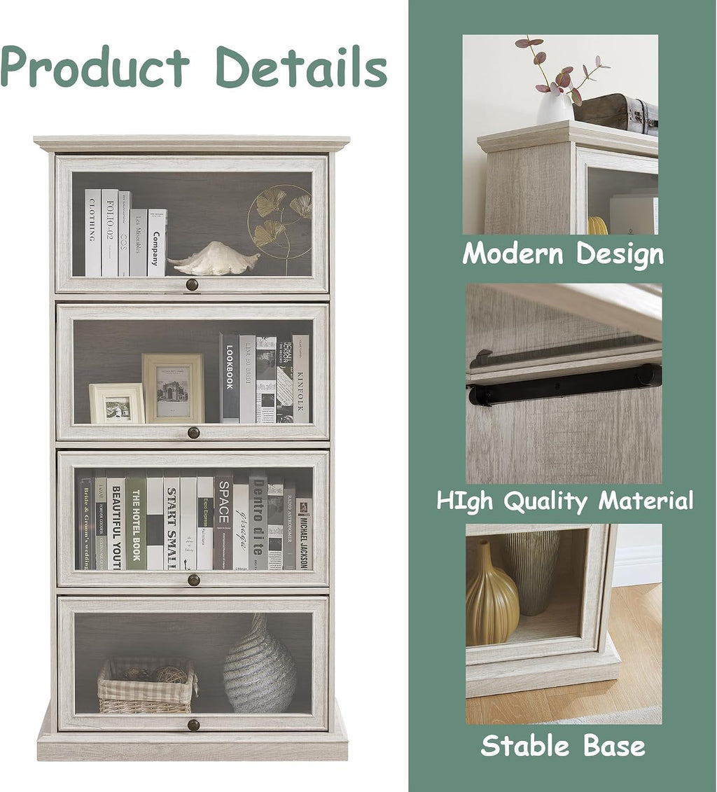 White Display Curio Cabinet with Glass Doors,White Showcase Display Cabinet,Shelves with Flip-Up Glass Doors,Farmhouse Barrister Bookcase