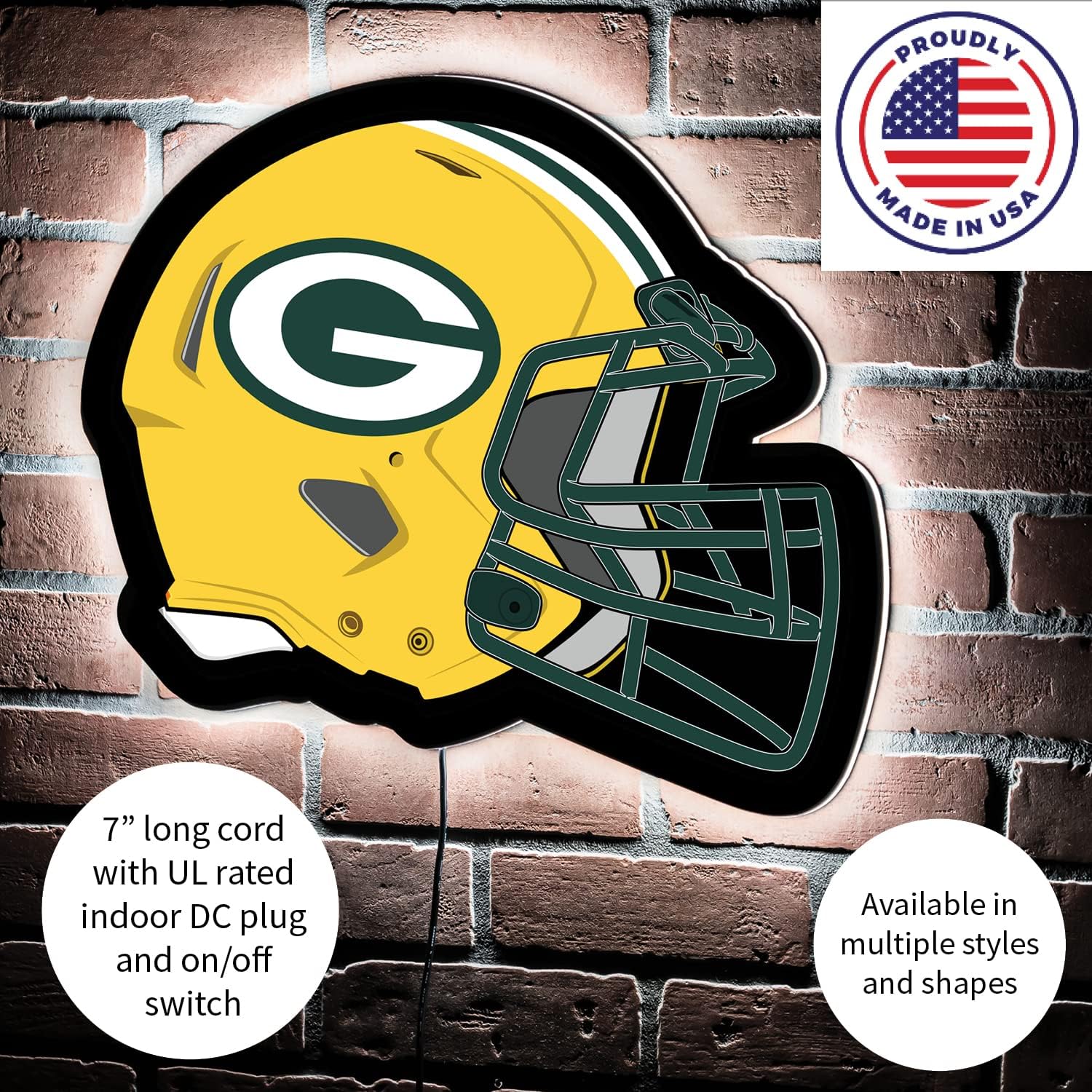 Team Sports America Evergreen NFL Green Bay Packers Ultra-Thin LED Light Wall Sign Decor | Full Size Replica Helmet | 19.5 x 15 Inches | Made in the USA