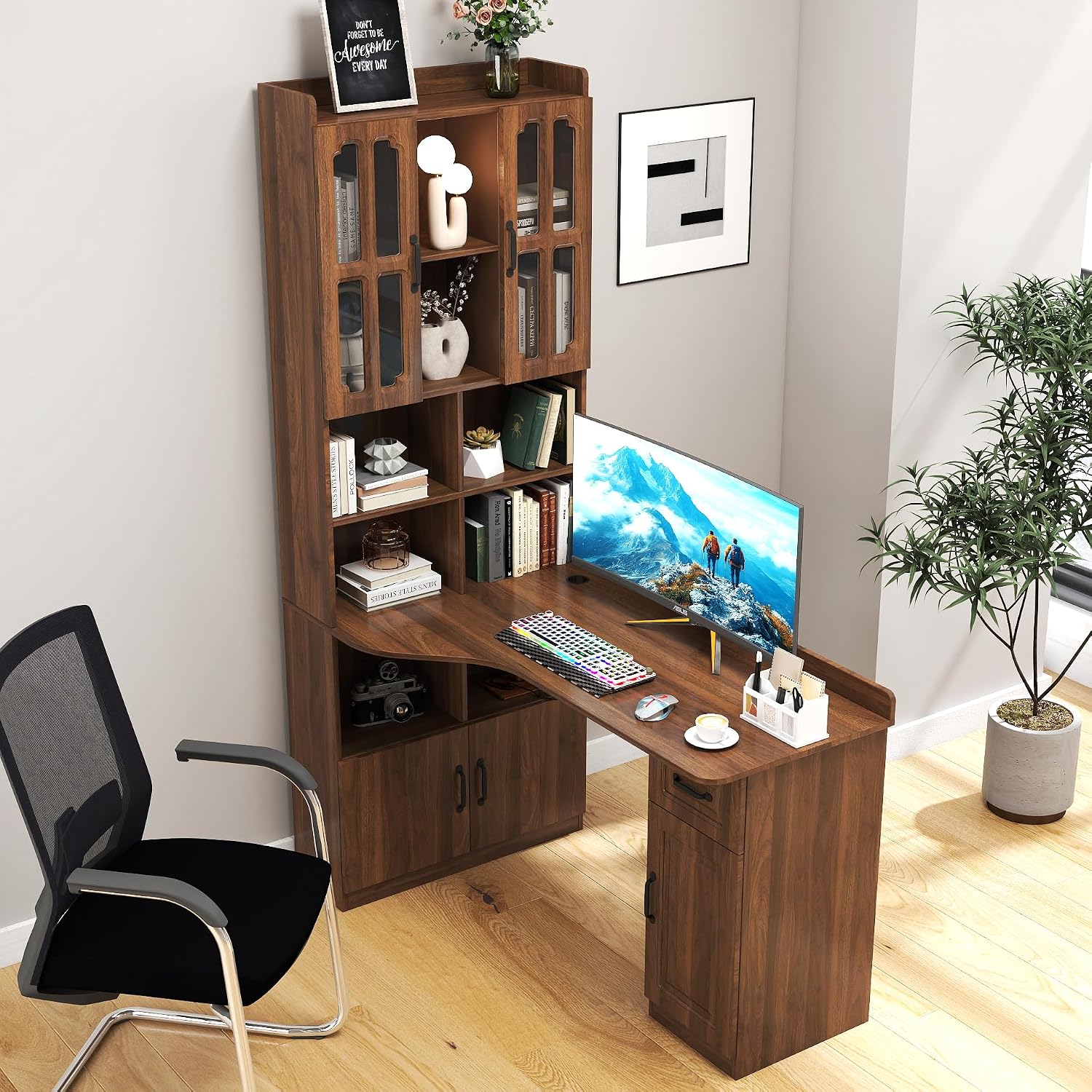 ZeHuoGe L-Shaped Corner Computer Desk for Home Office or Study Desk, Study Modern Style Table with Drawers, Bookshelf & Hutch, 2-in-1 L-Shaped Design, Large Working Space (Walnut)