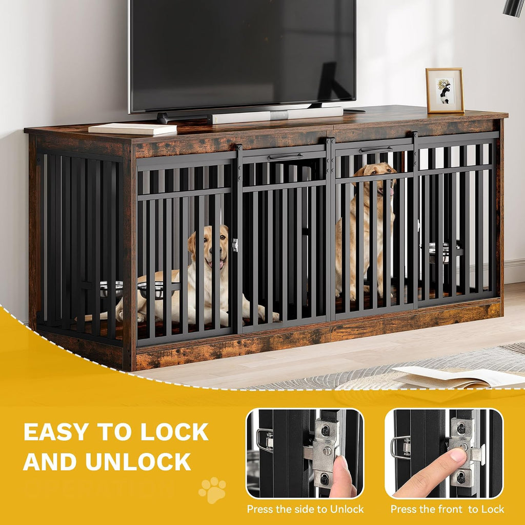 DWVO 71' Double Dog Crate Furniture for 2 Medium Dogs, Heavy Duty Wood Dual Dog Kennel TV Stand with Sliding Doors, Decorative Wooden 2 Dog Cage Table with Dog Bowls for Extra Large Dogs Rustic Brown