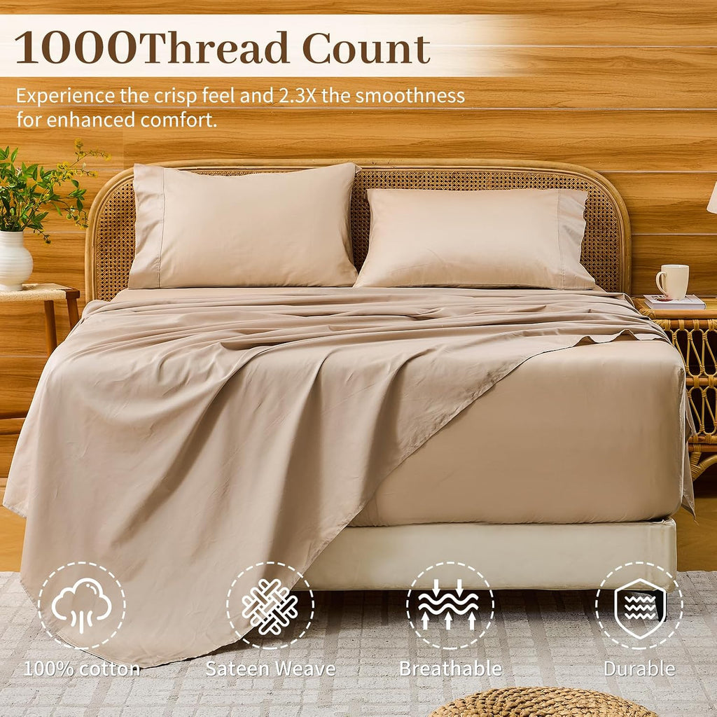 Bedlifes Deep Pocket Sheets 18-24 Inch, California King Size Egyptian Cotton 1000 Thread Count, 4-Piece - Fits Extra Thick Mattresses, Cooling & Breathable (Linen)