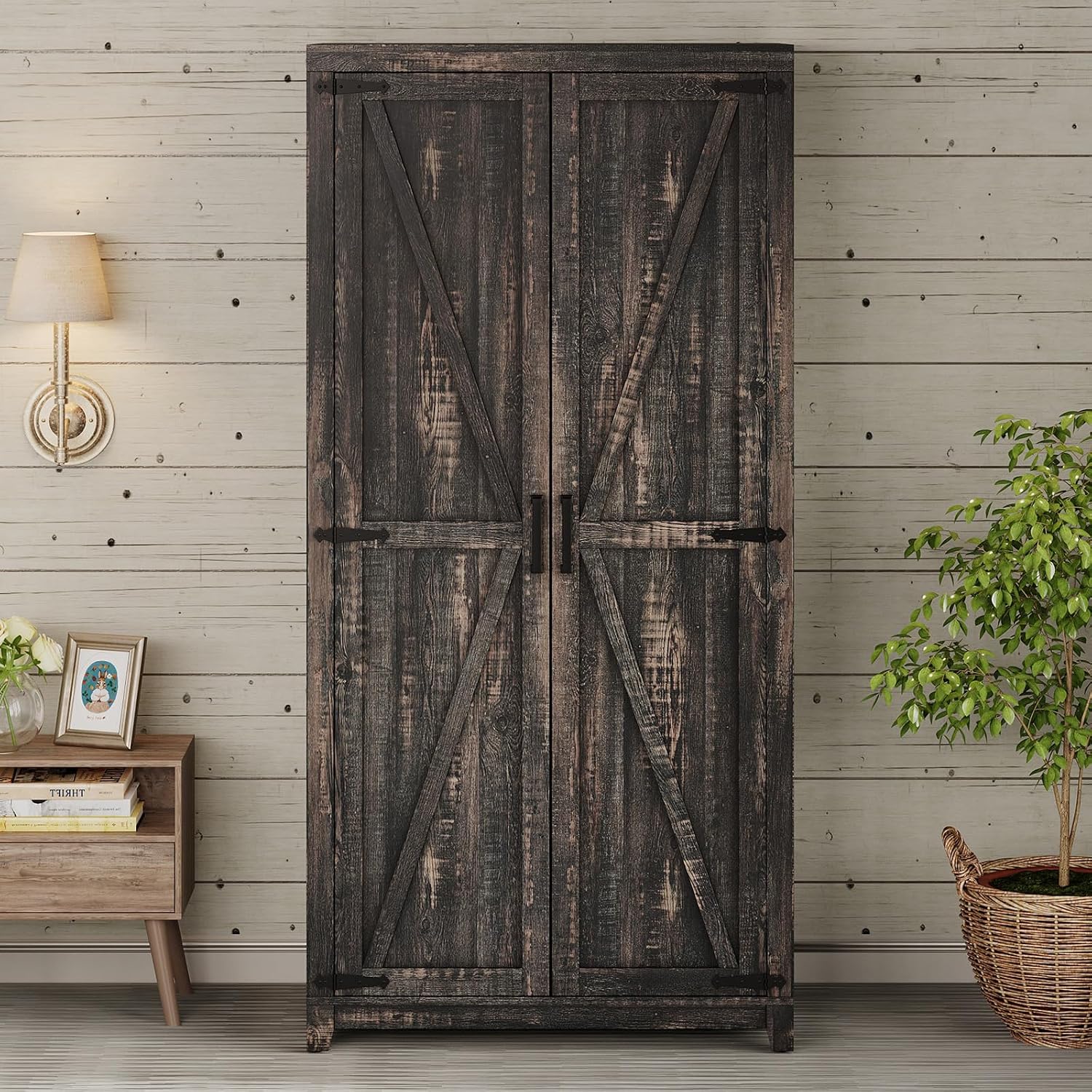 LUXOAK 70' Large Armoire Wardrobe Closet with Hanging Rod, Farmhouse Clothing Storage Cabinet with 2 Barn Doors, Wooden Tall Bedroom Armoires with Shelf, Dark Oak Wood