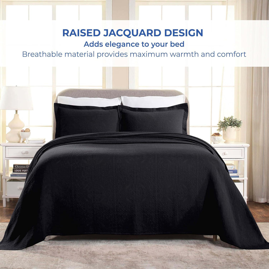 Superior Cotton Fleur De Lis Bedspread Set, Warm Blankets, All-Season Bedding, Bedroom Decor, Decorative Boho Medallion Coverlet, Includes 1 Bedspread, 2 Pillow Shams, King, Black