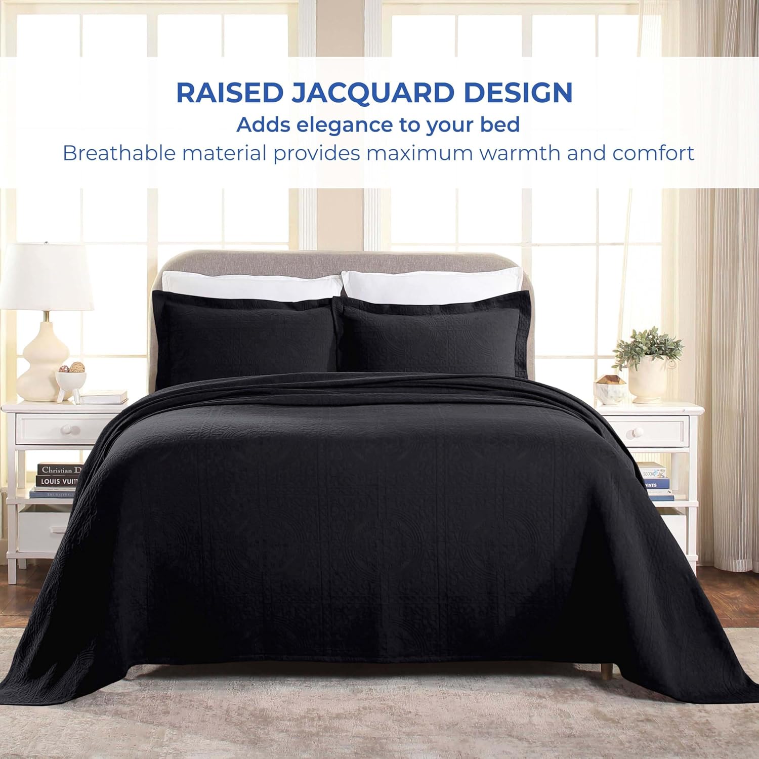 Superior Cotton Fleur De Lis Bedspread Set, Warm Blankets, All-Season Bedding, Bedroom Decor, Decorative Boho Medallion Coverlet, Includes 1 Bedspread, 2 Pillow Shams, King, Black