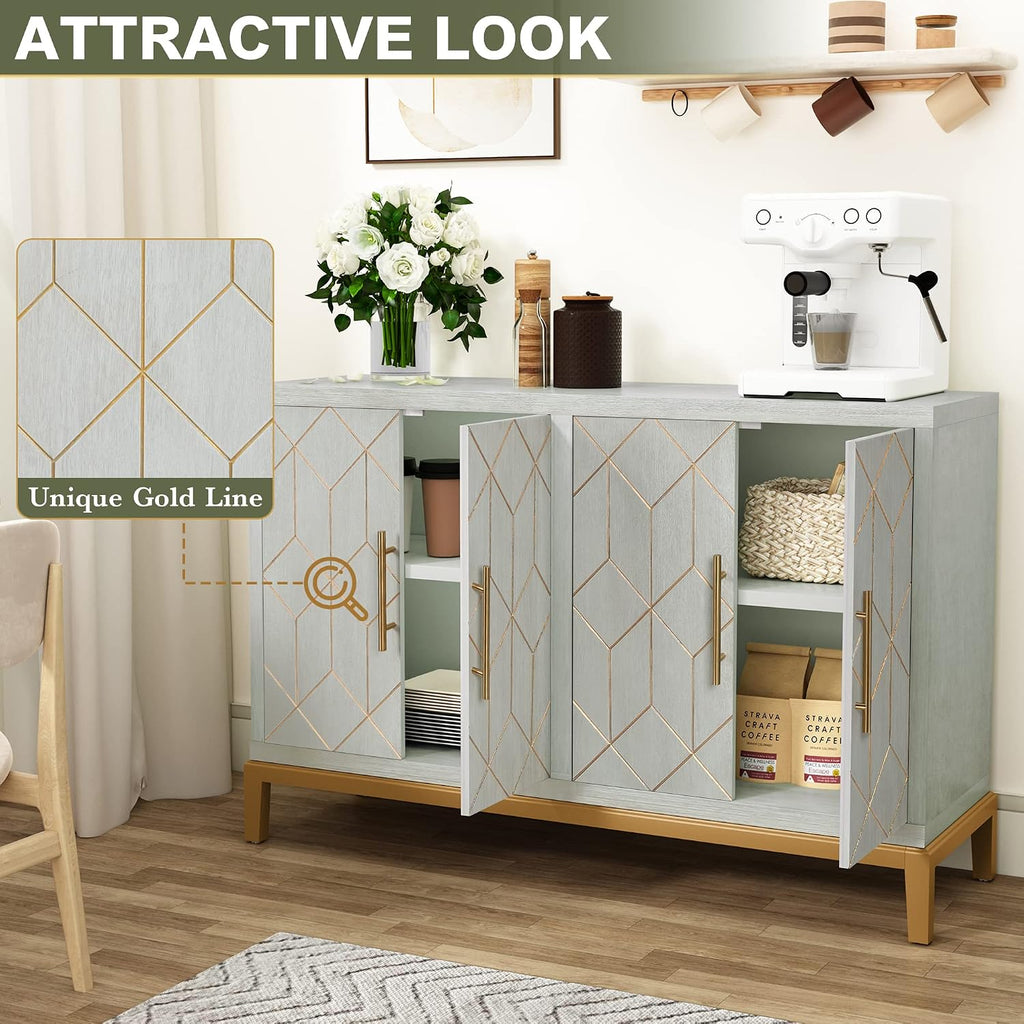 HLR 48' Accent Cabinet with 4 Doors and Shelves, Modern Credenza Storage Cabinet with Gold Trim, Green Buffet Cabinet for Living Room, Kitchen, Dining Room, Hallway