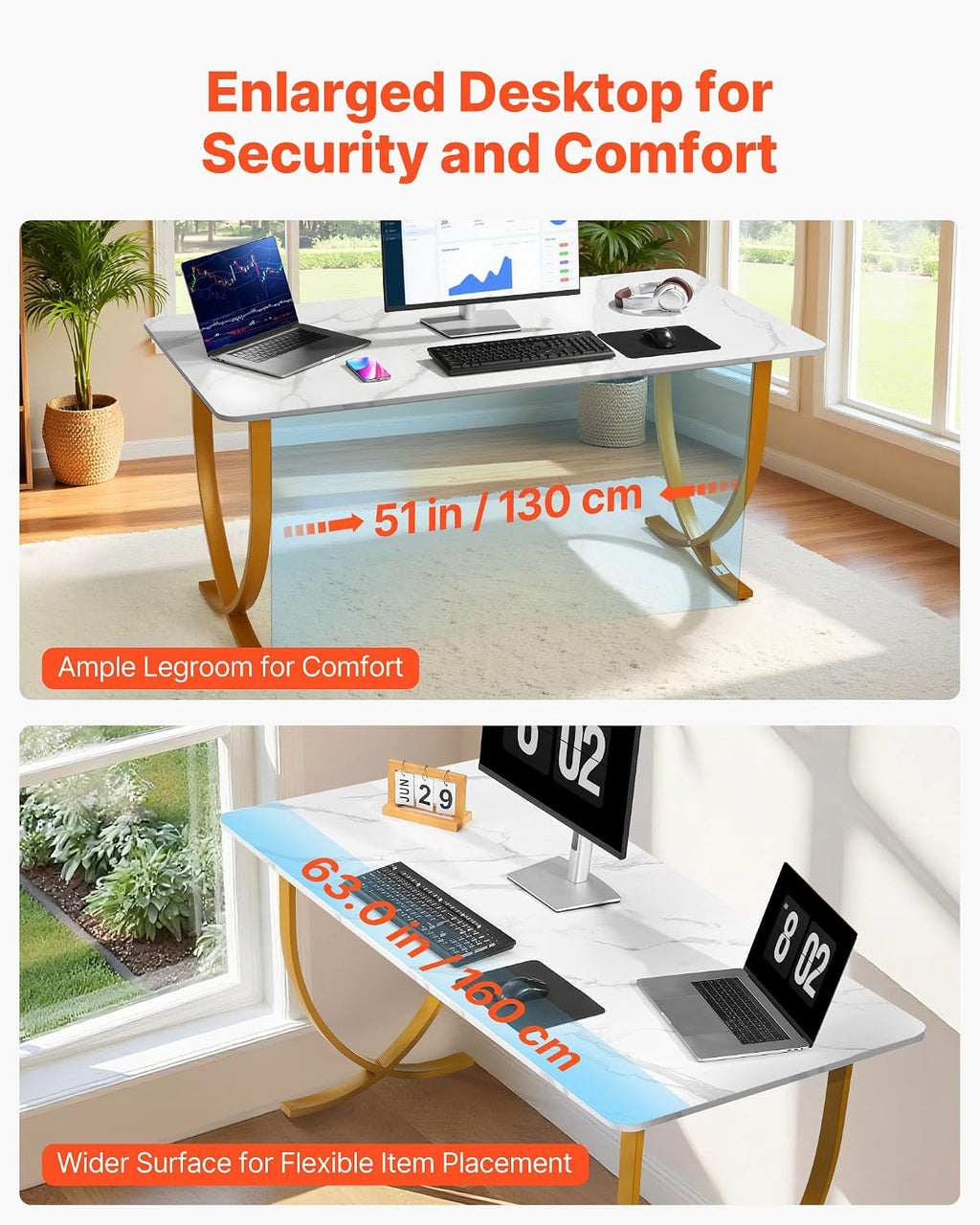 VEVOR Executive Desk, 63' W x 31.5' D Large Office Desk, Modern Computer Table Conference Meeting Room Table, Business Furniture Enlarged Desktop for Home Office, White and Gold