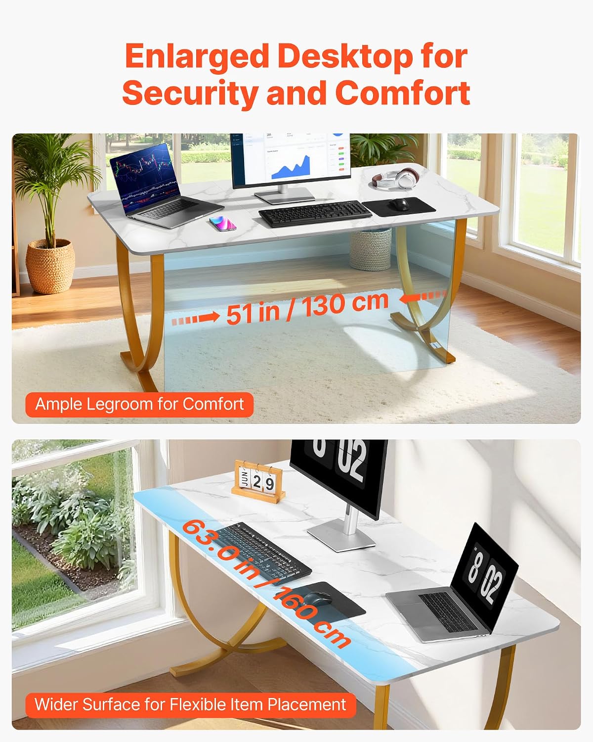 VEVOR Executive Desk, 63' W x 31.5' D Large Office Desk, Modern Computer Table Conference Meeting Room Table, Business Furniture Enlarged Desktop for Home Office, White and Gold