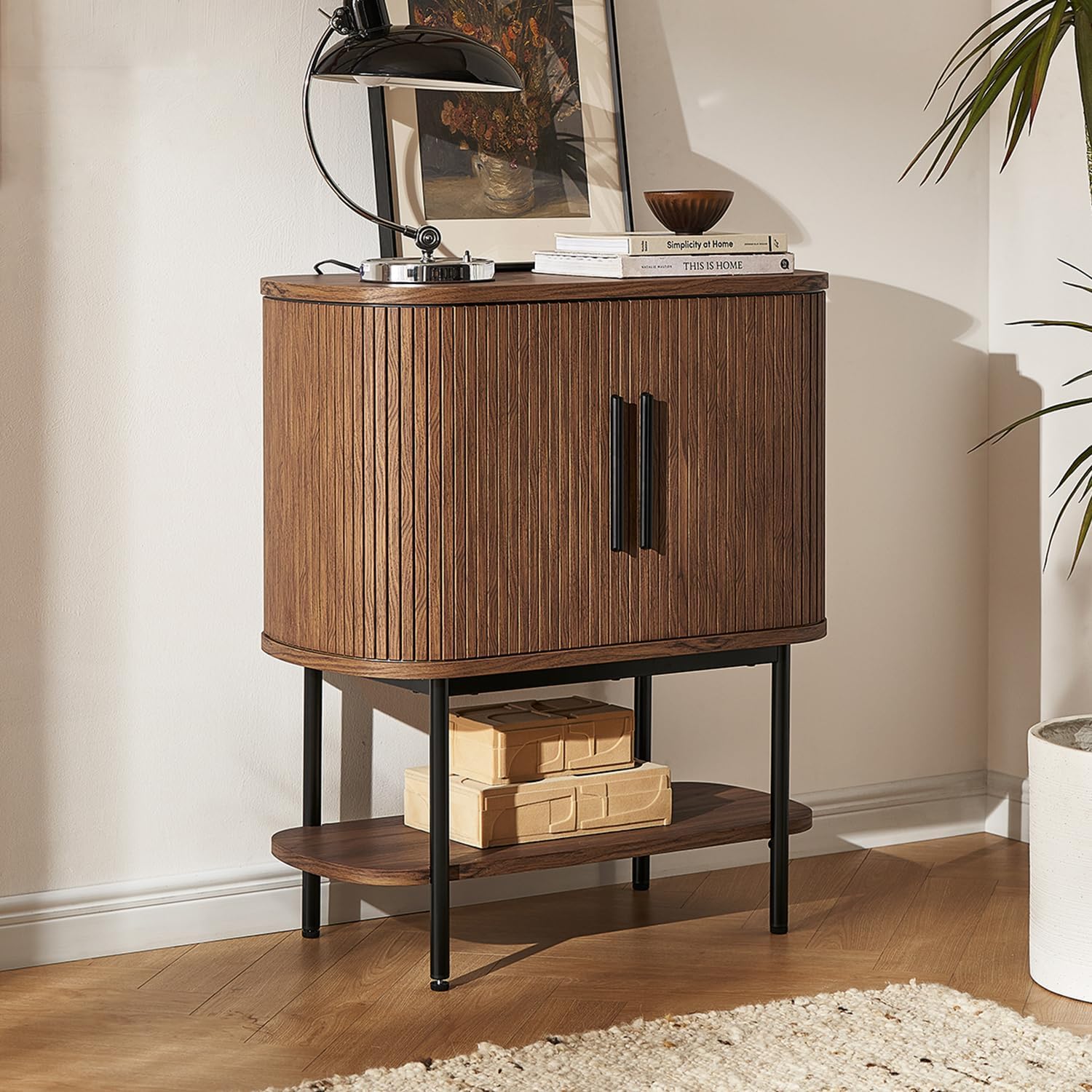 mopio Quin Storage Cabinet, Tambour Fluted Entryway Accent Sofa Tables, Buffet Sideboard with Doors & Shelves, Pantry Coffee Wine Bar Cabinet, Wood Console Table, Mid Century Modern (Walnut)