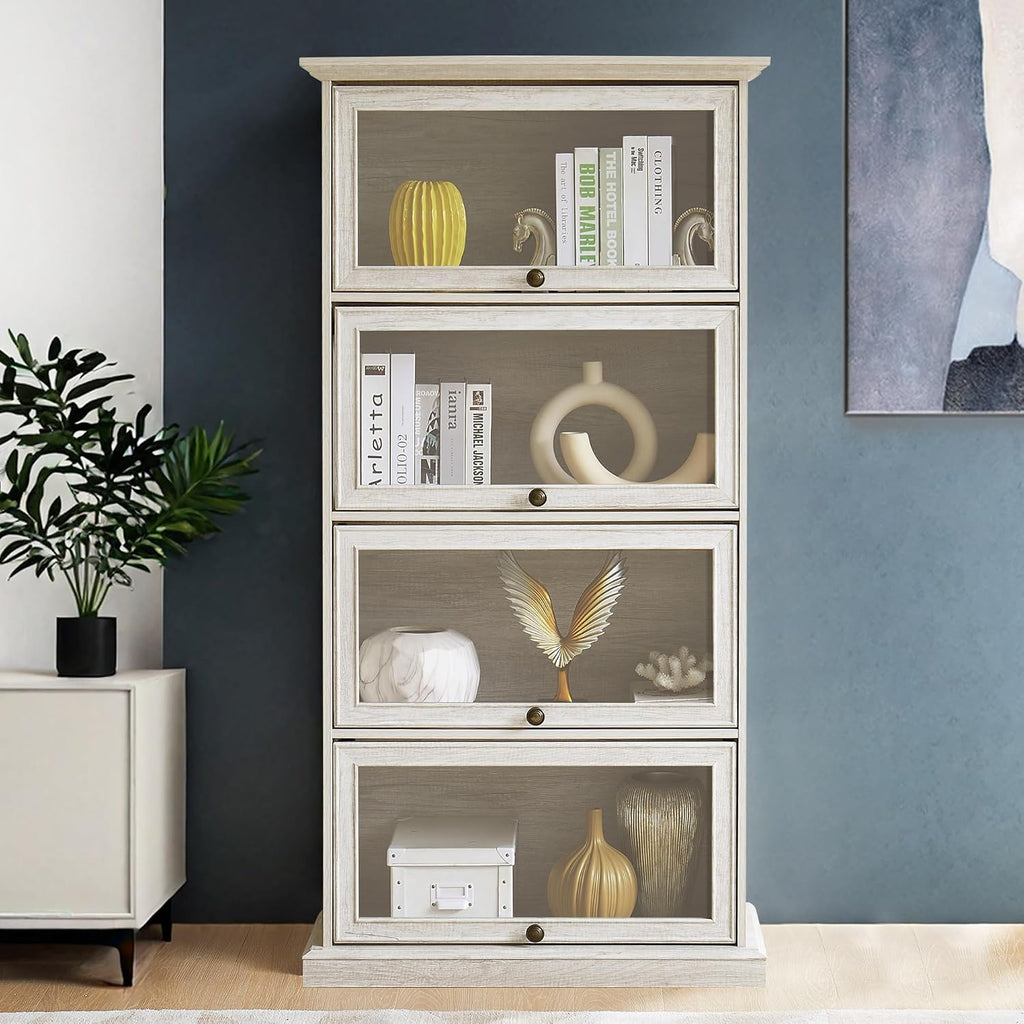 White Display Curio Cabinet with Glass Doors,White Showcase Display Cabinet,Shelves with Flip-Up Glass Doors,Farmhouse Barrister Bookcase