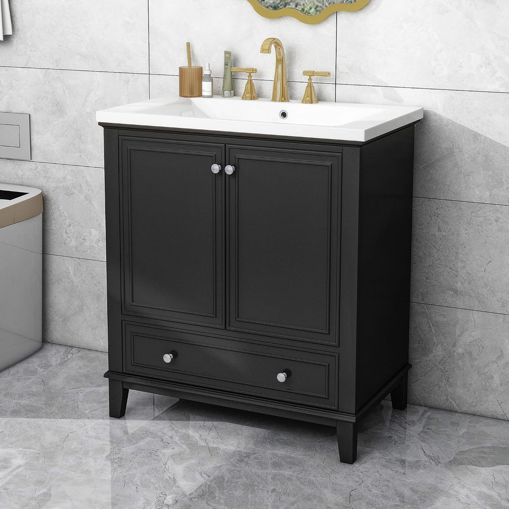 Flieks 30' Bathroom Vanity with Sink Combo, Multi-Functional Bathroom Cabinet with Doors and Drawer, Solid Frame and MDF Board, Black