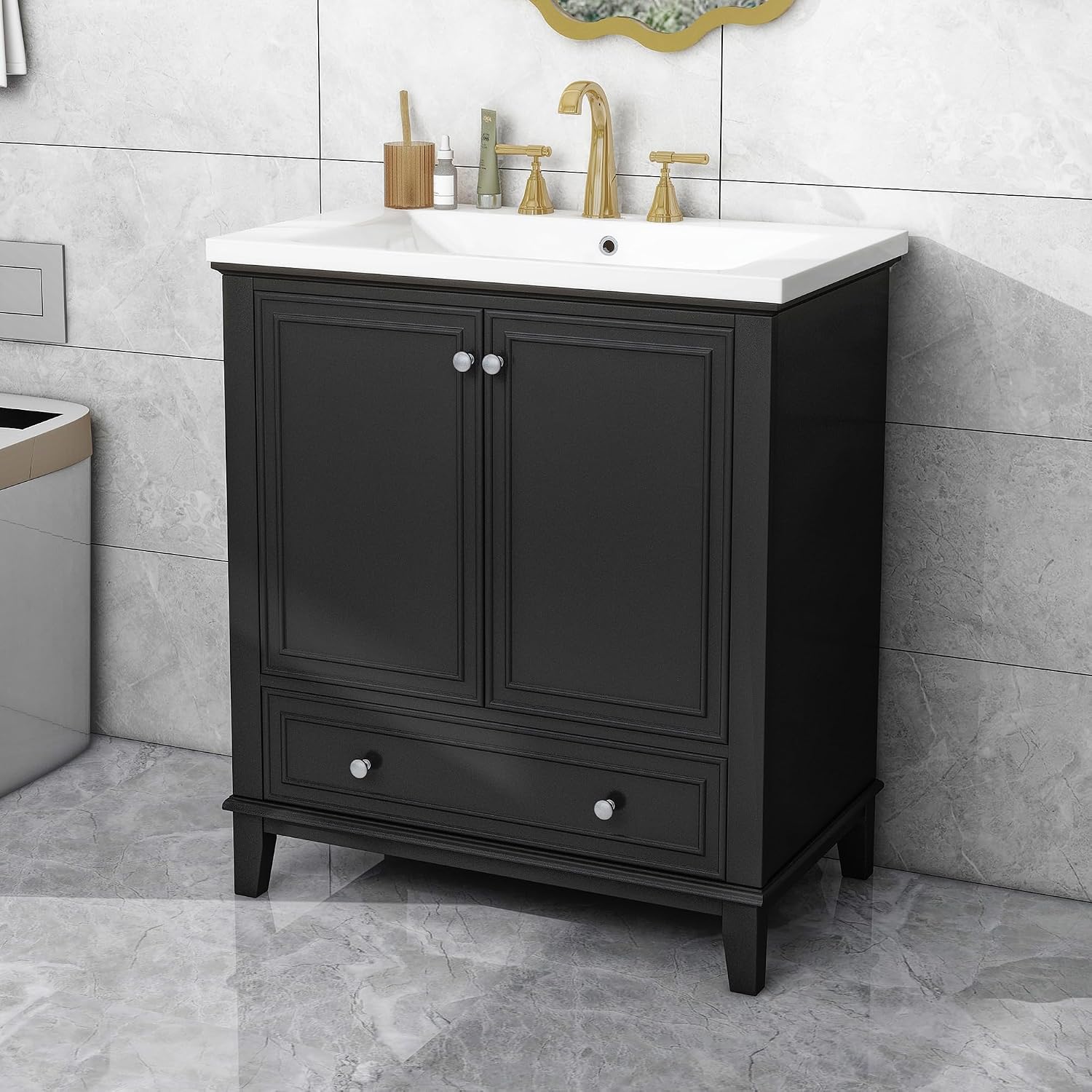Flieks 30' Bathroom Vanity with Sink Combo, Multi-Functional Bathroom Cabinet with Doors and Drawer, Solid Frame and MDF Board, Black