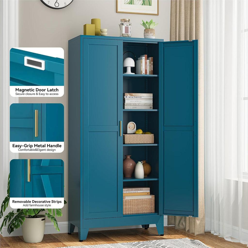 Bevivog Metal Kitchen Pantry Cupboard Cabinet, 71' Blue Storage Cabinets with 2 Doors and 4 Adjustable Shelves for Kitchen/Home Office/Dining Room/Living Space