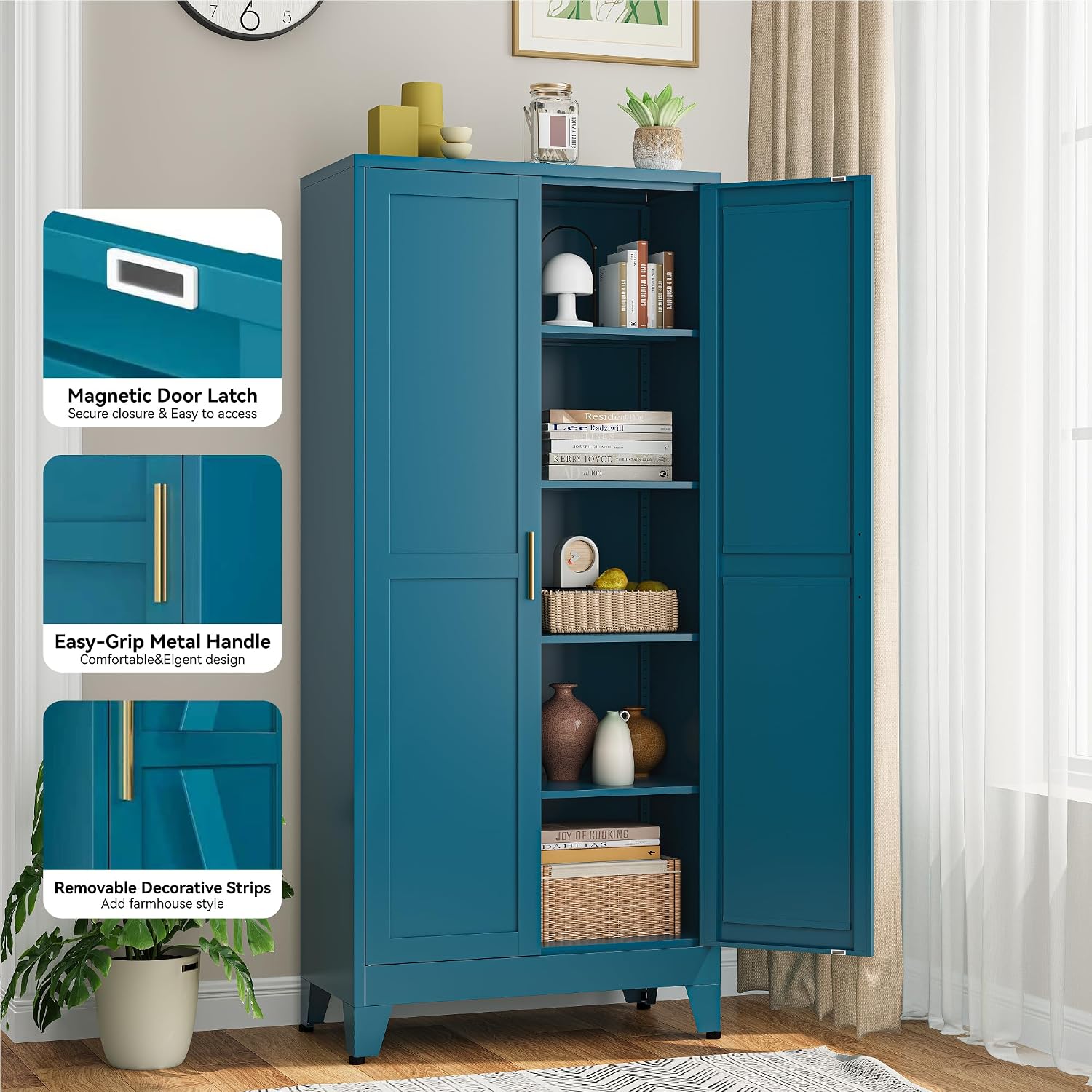 Bevivog Metal Kitchen Pantry Cupboard Cabinet, 71' Blue Storage Cabinets with 2 Doors and 4 Adjustable Shelves for Kitchen/Home Office/Dining Room/Living Space