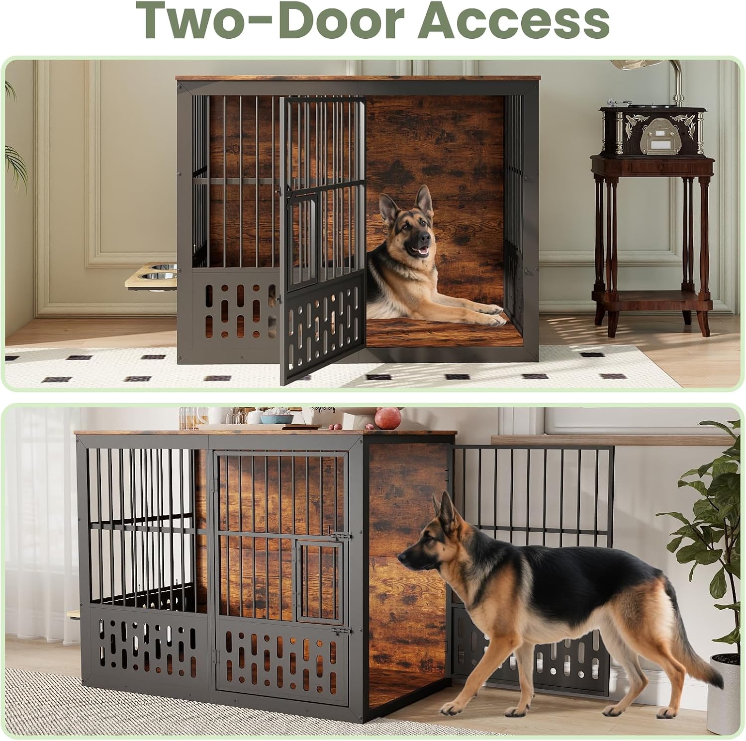 Yafylly 48 Inch XXL Dog Crate Furniture, Wooden Chewproof Dog Kennel with Interactive Window, 360° Adjustable Bowls (5 Heights), Storage Table Top, Heavy Duty XL Dog Crate for Medium Large Dogs, Brown