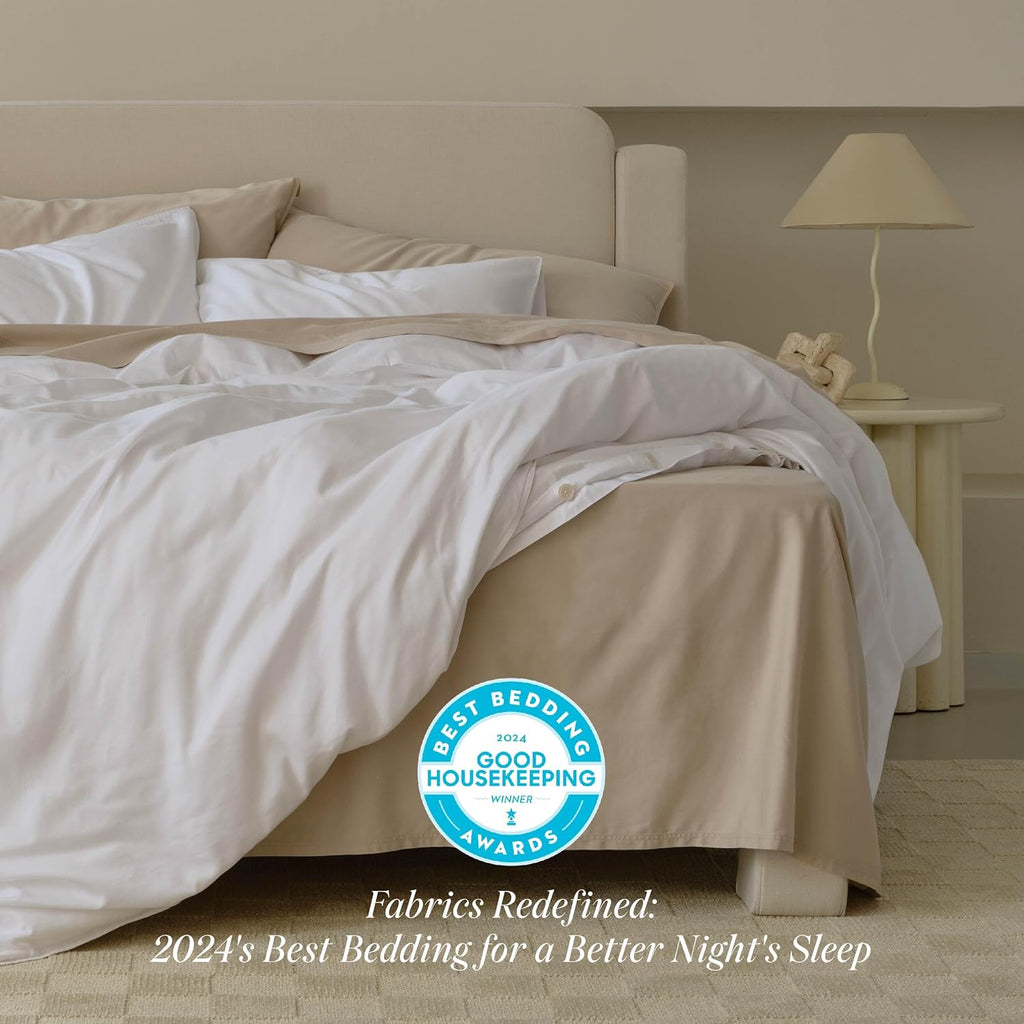 Double Stitch Cotton Tencel Duvet Cover - Queen Size Comforter Cover, Luxury & Soft Eucalyptus Lyocell Bedding Set for Hot Sleepers, Cooling & Breathable, Button Closure, Bright White, 90'x90'