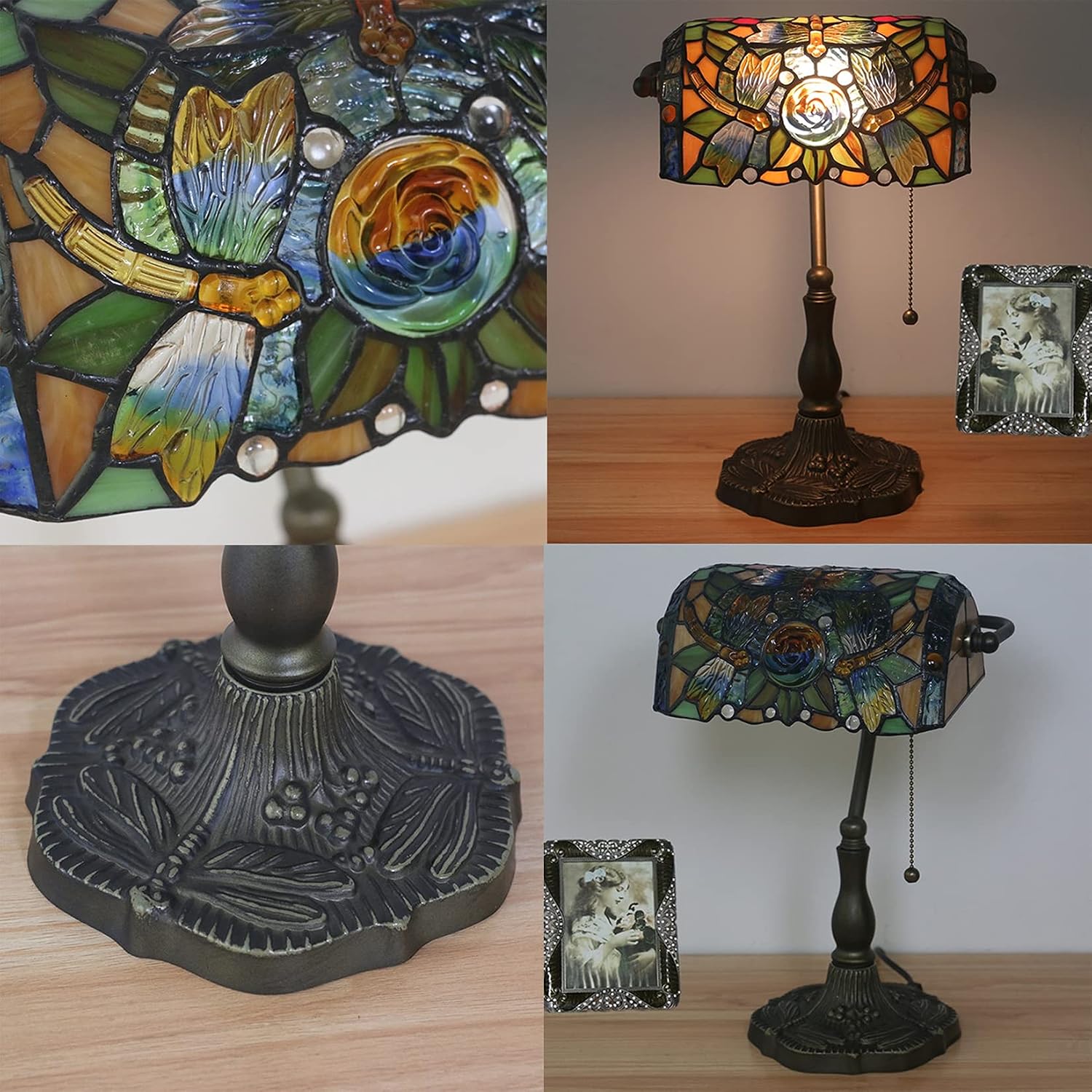 Tiffany Style Bankers Table Lamp Stained Glass Piano Desk Lamp Vintage Bedroom Bedside Lamp for Study,Antique Alloy Base,Zipper Switch,Dragonfly b