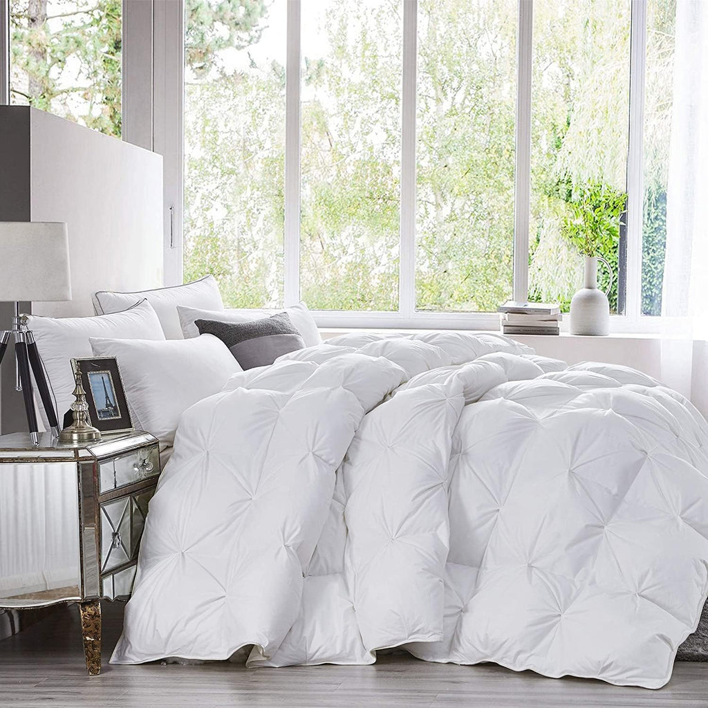 Luxurious Queen Size Goose Down Feather Fiber Comforter Duvet Insert, 100% Egyptian Cotton Cover, 60 oz. Fill Weight Comforter (Queen, White Pinch Pleat)