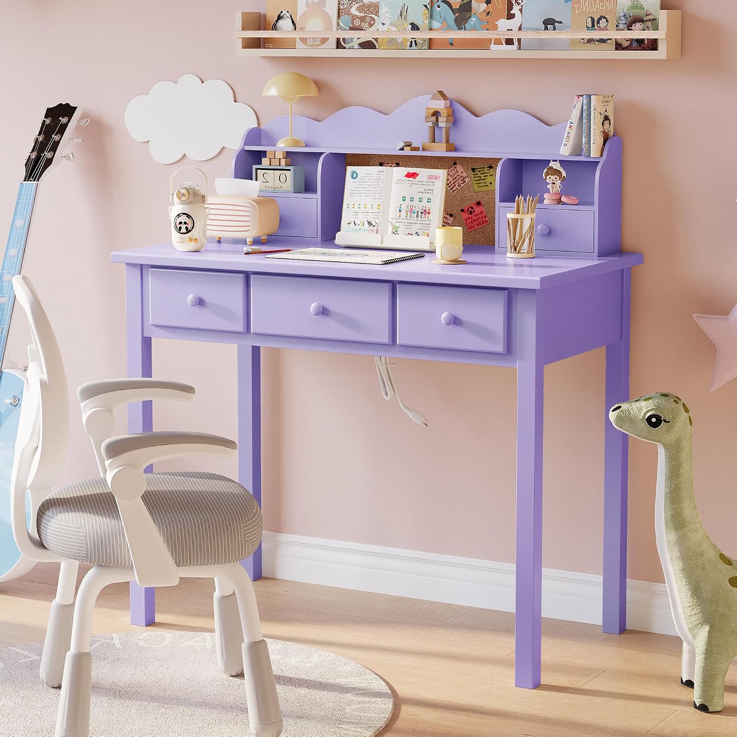 FUNKOCO Home Office Furniture Writing Desk, 36 Inch Computer Work Station with Detachable Hutch for Small Place, 5 Drawers(Purple)
