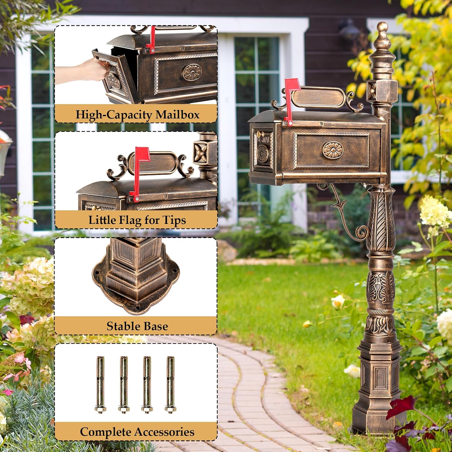 Outvita Cast Aluminum Mailbox, Barcelona Decorative Post Mailbox, Rust-Proof Large Security Heavy Duty Mailbox (Bronze)