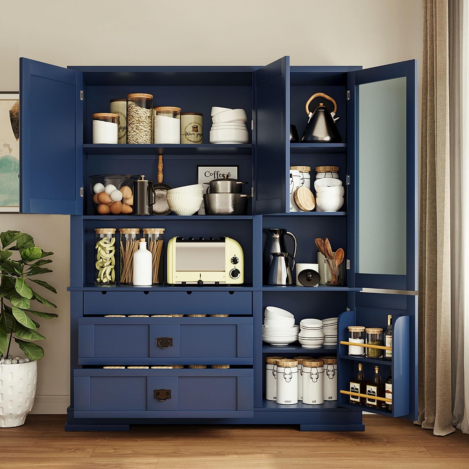 Modern 78.3 inch Large Kitchen Pantry Storage Cabinet, Traditional Buffet Cabinet with Hutch and Drawers, Wood Freestanding Tall Storage Cabinet with Door Shelf and Adjustable Shelves (Blue//2)