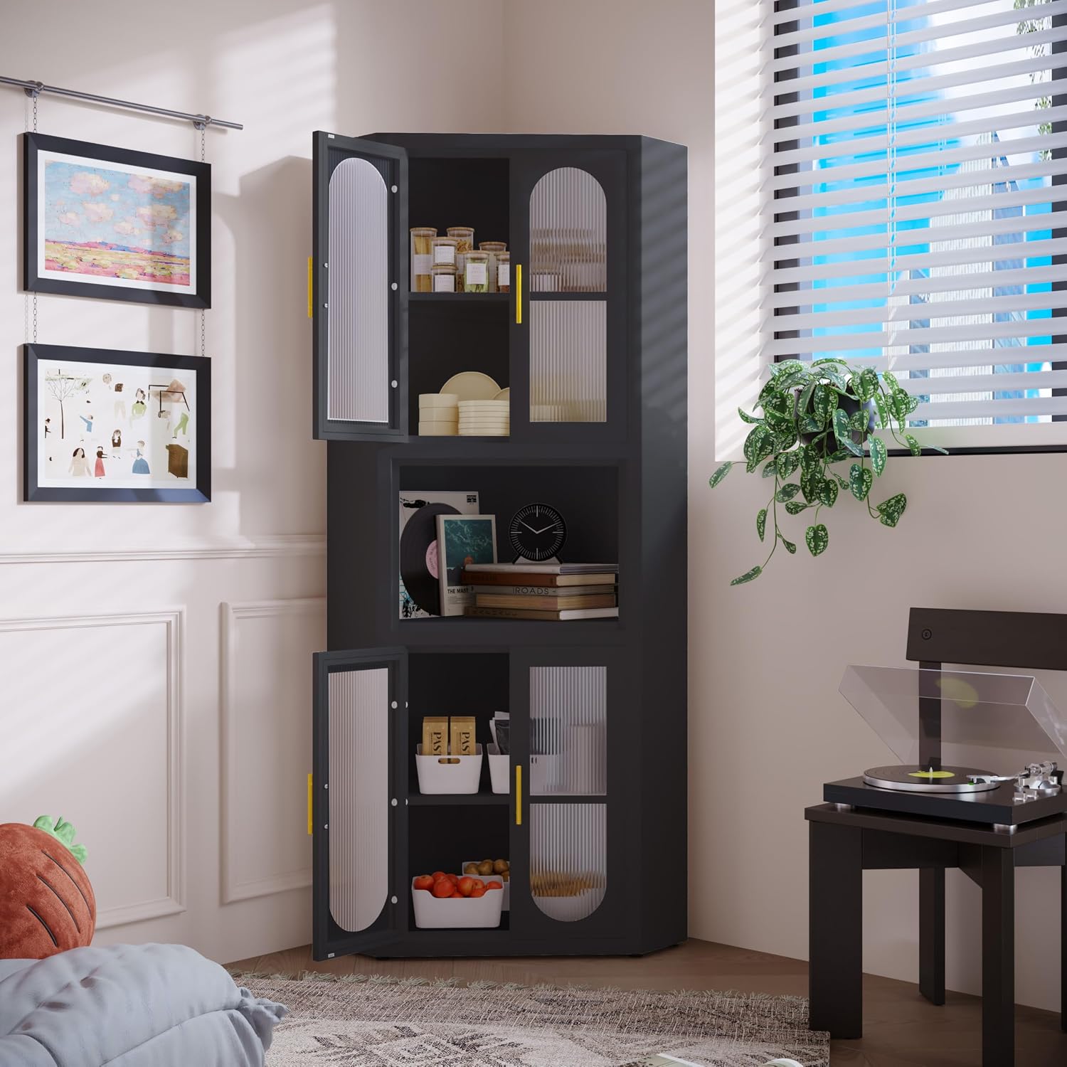 erosoei Farmhouse Corner Cabinet, Tall Corner Pantry Storage Cabinet with Acrylic Glass Door Design & Adjustable Feet, for Laundry Room, Bathroom, Kitchen,Bedroom(Black)