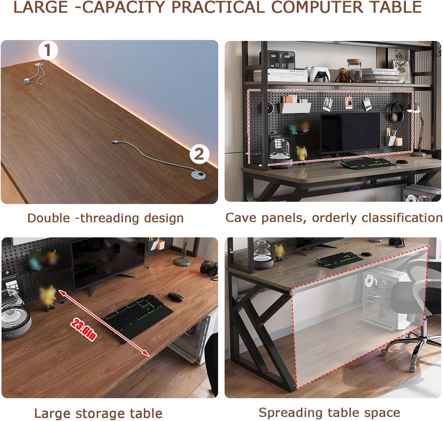 Gaming Desk with Bookshelf Combo, Computer Desk with Pegboard, Large Writing Table with Desktop Shelves, Ample Leg Room, for Home Office (White, 31.4in)