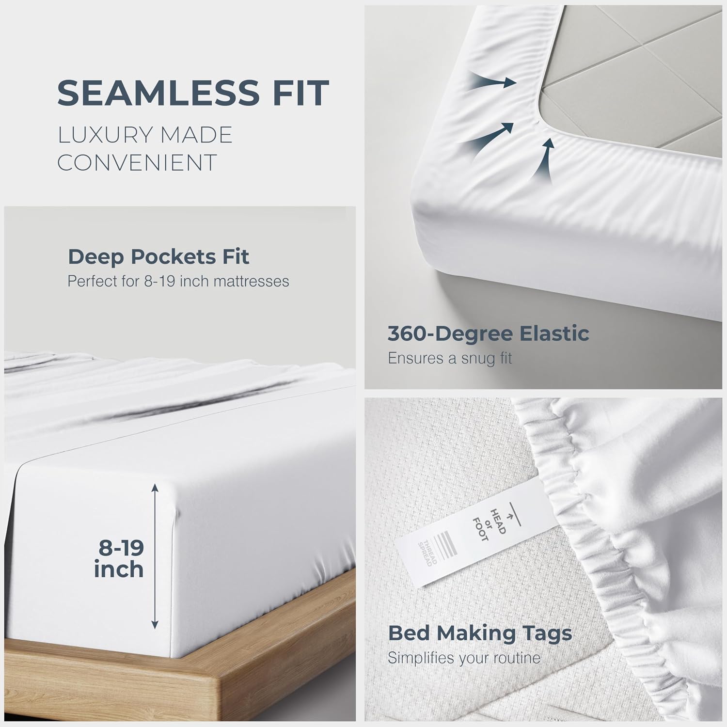 THREAD SPREAD 100% Egyptian Cotton Split King Sheets Sets for Adjustable Bed - 1500 Series Split Top King Sheets (5 PC, White), Silky Soft, Sateen Weave, Cooling & Breathable, 17' Deep Pocket Bed Set