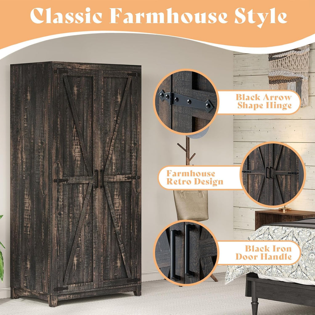 LUXOAK 70' Large Armoire Wardrobe Closet with Hanging Rod, Farmhouse Clothing Storage Cabinet with 2 Barn Doors, Wooden Tall Bedroom Armoires with Shelf, Dark Oak Wood