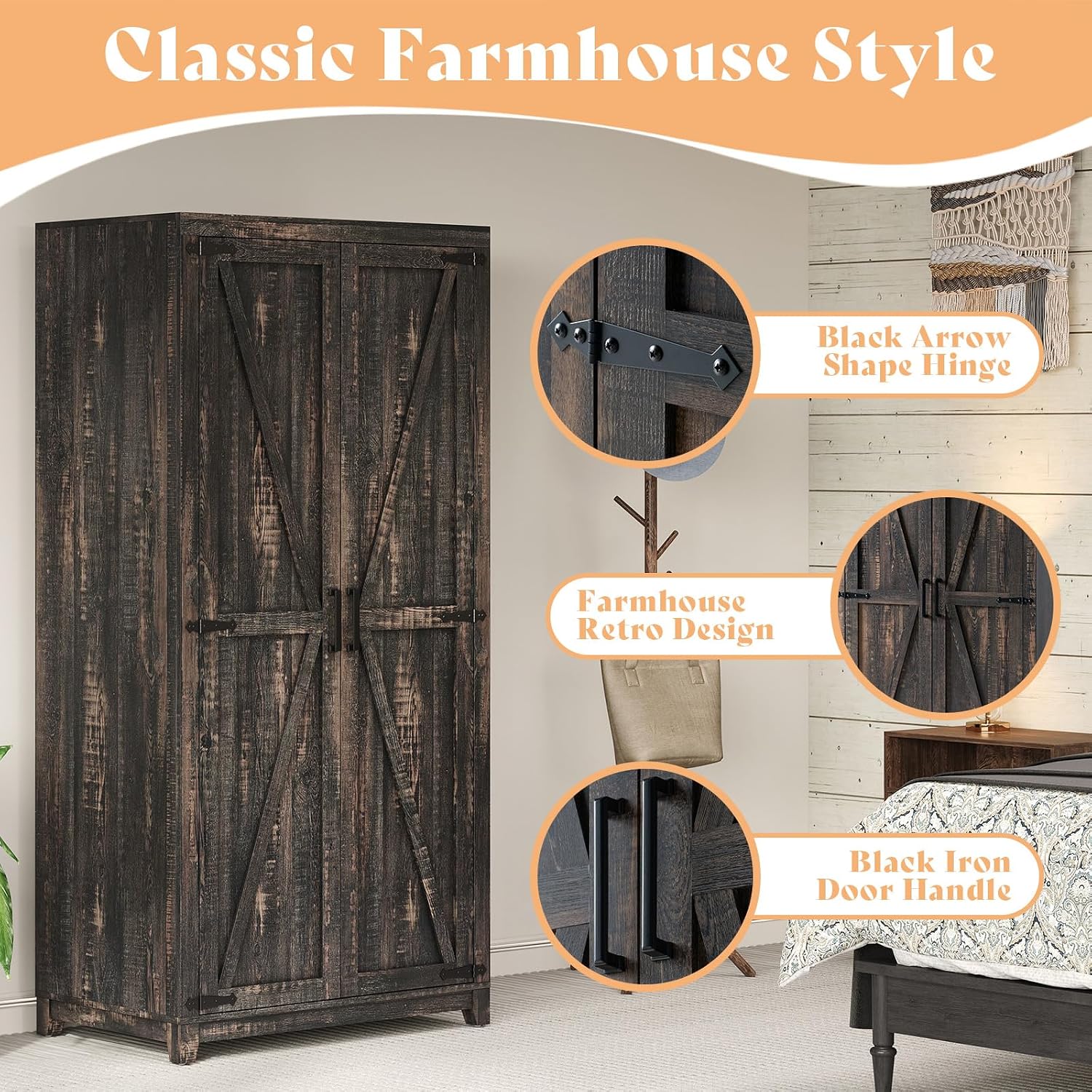 LUXOAK 70' Large Armoire Wardrobe Closet with Hanging Rod, Farmhouse Clothing Storage Cabinet with 2 Barn Doors, Wooden Tall Bedroom Armoires with Shelf, Dark Oak Wood