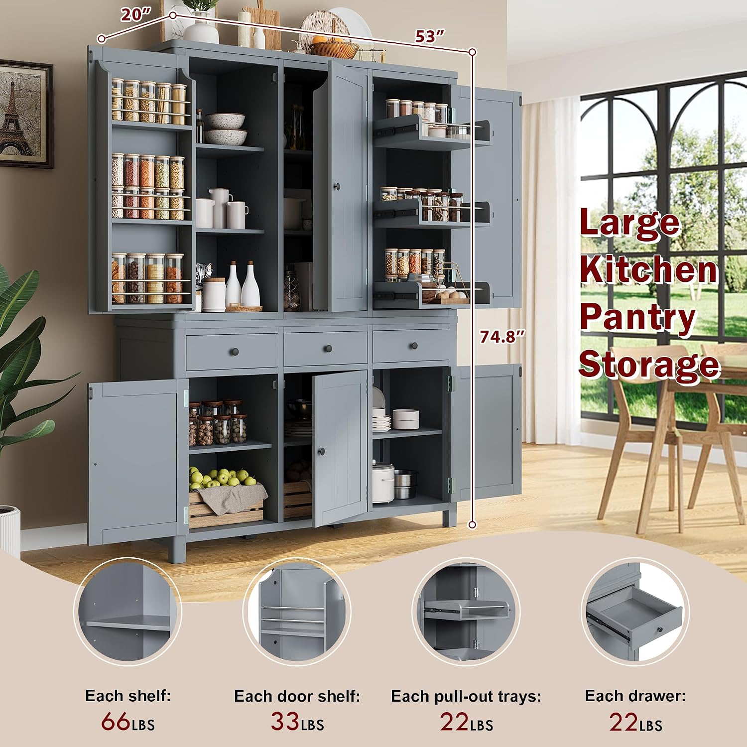 Farmhouse 74.8''H High Freestanding Kitchen Pantry, 53''Lx20''W Wooden Large Cupboard Storage Cabinet with Door Shelves, Adjustable Shelves, Pull-Out Trays and Drawers (Gray-6ds)