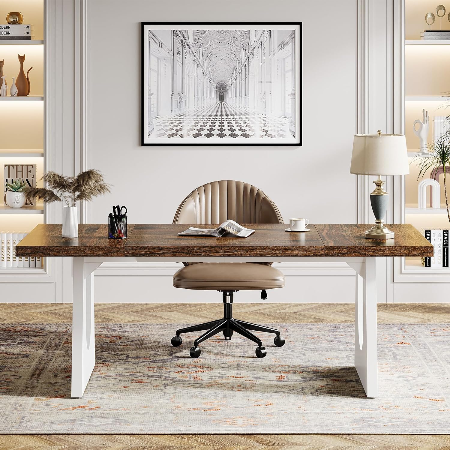 Tribesigns 70.86-Inch Executive Desk, Large Computer Office Desk with Double Wood Pedestal, Modern Simple Style Rectangle Writing Table for Home Office (Brown & White)