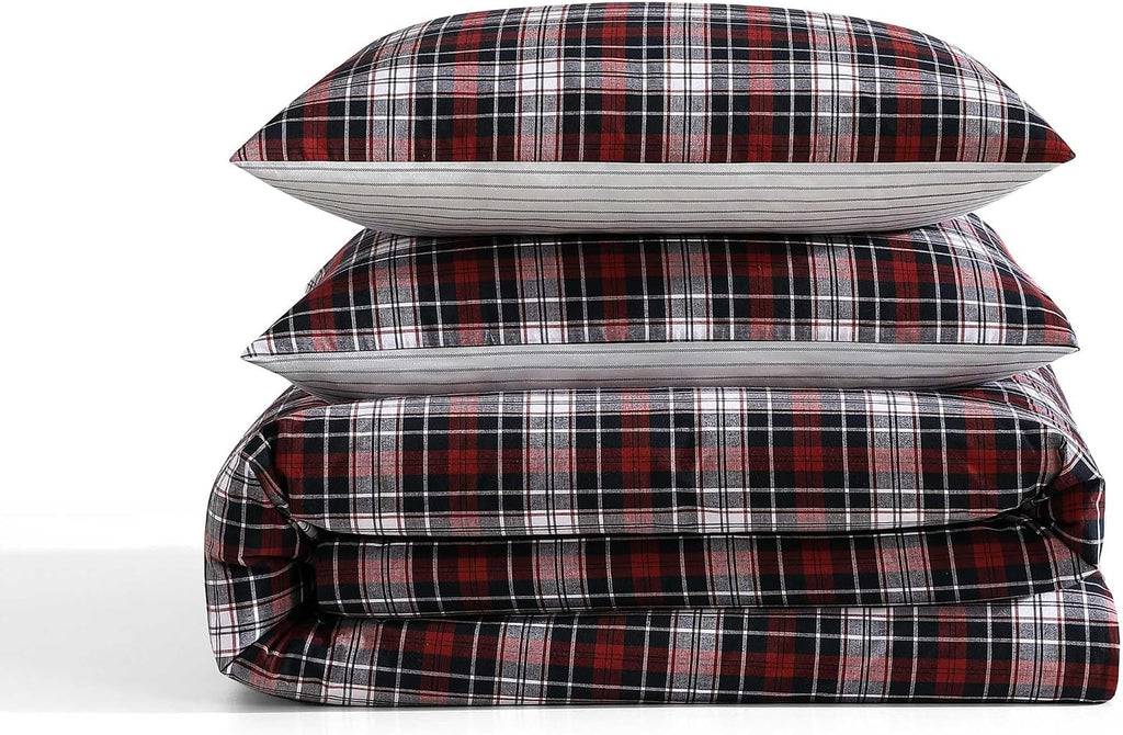 Tommy Hilfiger - Twin Comforter Set, Reversible Yard-Dyed Cotton Bedding with Matching Sham, Medium Weight, Oeko-Tex Certified, Dorm Essentials (Essential Tartan Red)