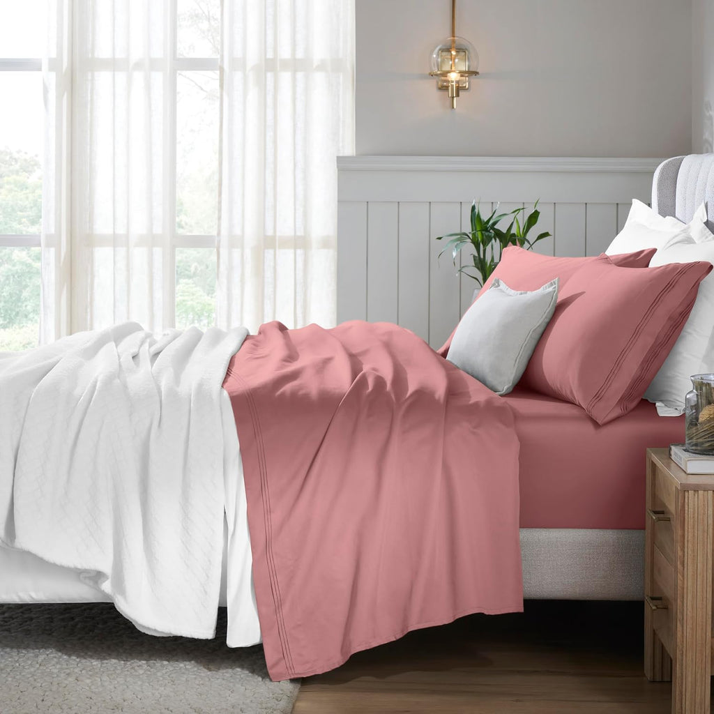 Superior Egyptian Cotton 4 Piece Sheet Set, 650 Thread Count, Eco-Friendly, Sustainable Sheets, Ultra-Soft Basics, Solid, Deep Pocket Fitted Sheet, Flat Sheet, Pillowcases, Queen, Blush