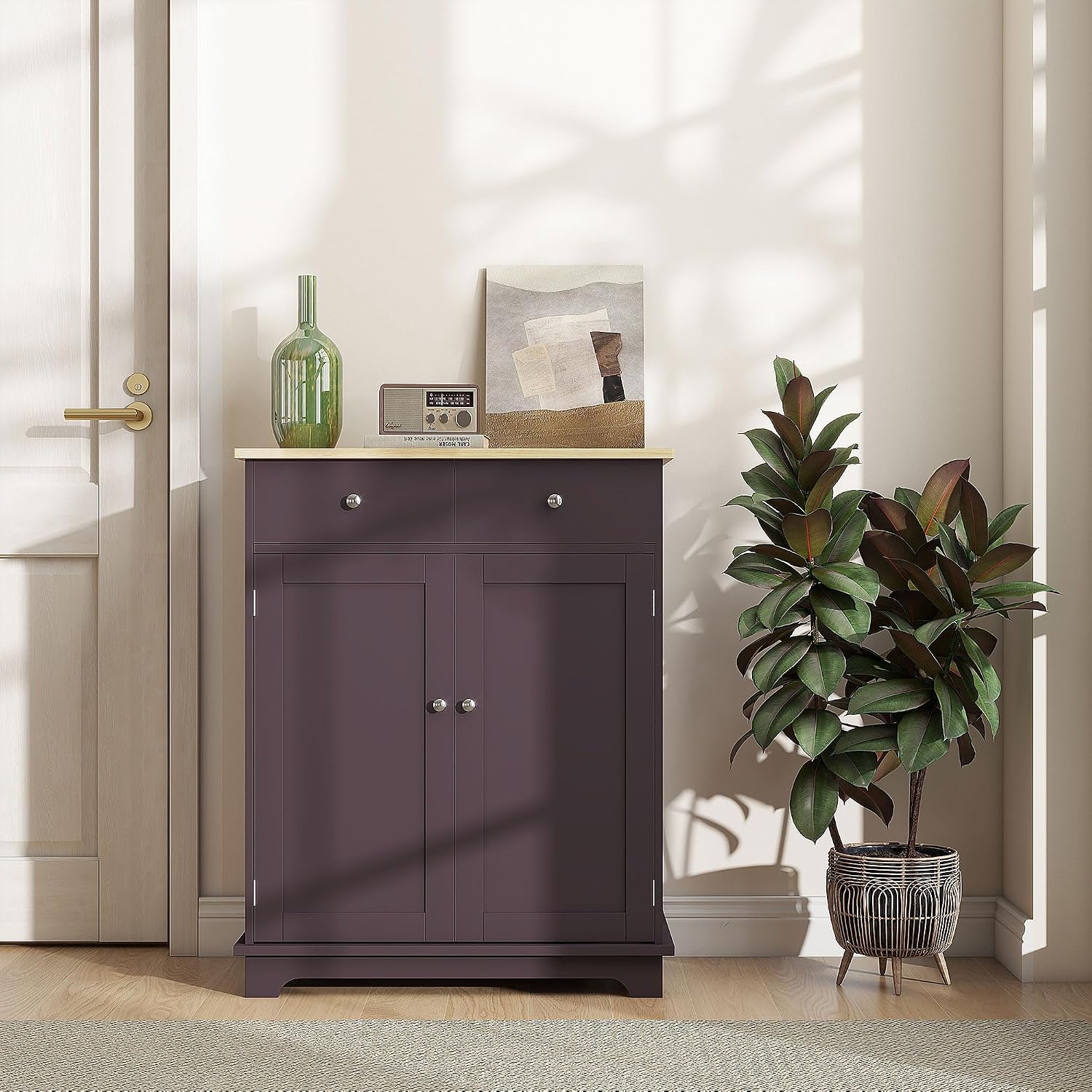 HOMCOM Sideboard Buffet Cabinet with Solid Wood Countertop, Modern Kitchen Storage Cabinet, Coffee Bar Cabinet with 2 Drawers, Doors and Adjustable Shelf, Coffee