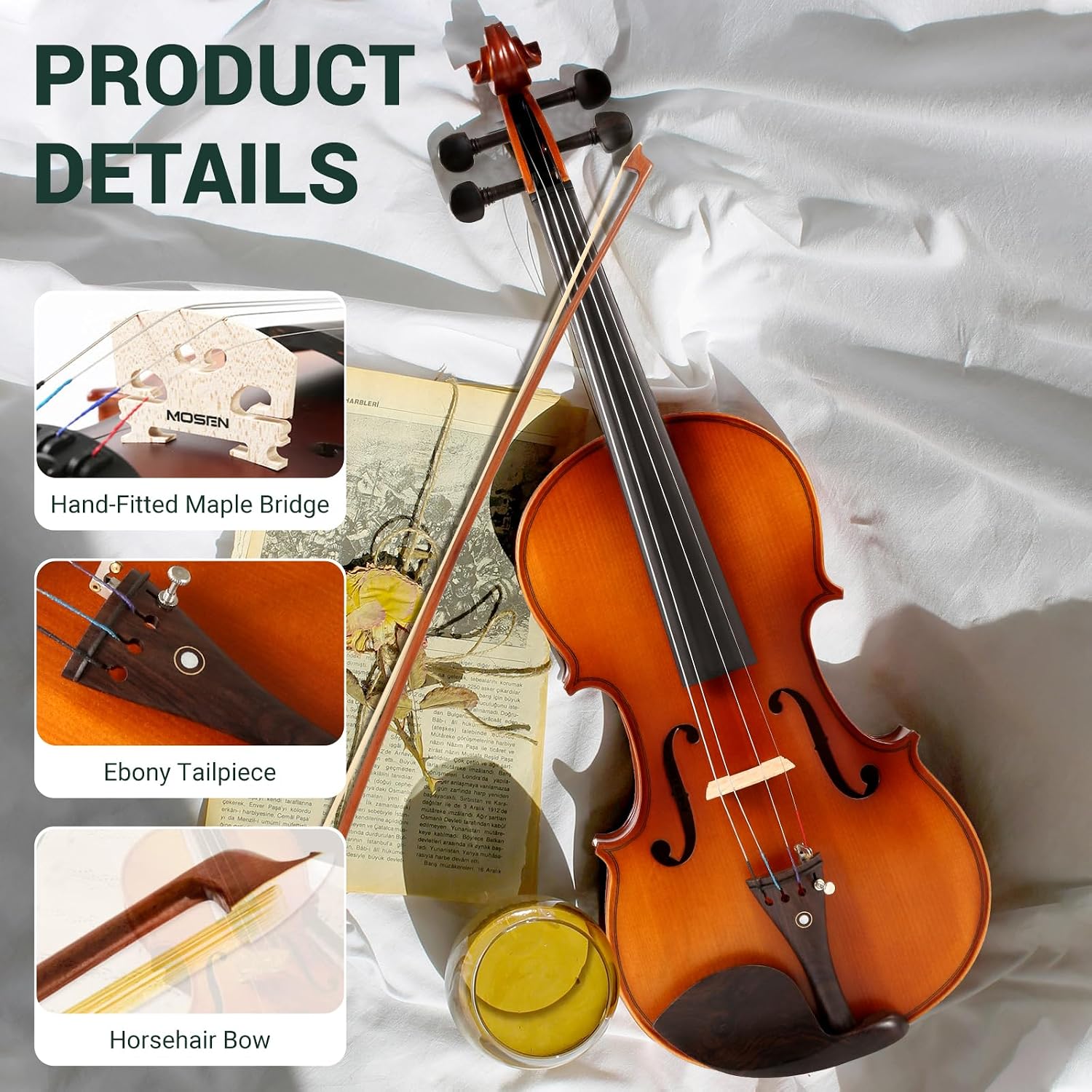 MOSEN 4/4 Full Size Solid Wood Violin, Violin Set for Beginners with Violin Case