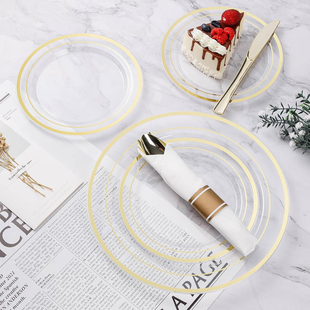 BESTVIP 700PCS Clear Gold Plastic Dinnerware Set for 100 Guests, Disposable Party Plate for Christmas and New Year, Include: 200 Plastic Plates, 100 Pre Rolled Napkins with Silverware, 100 Cups