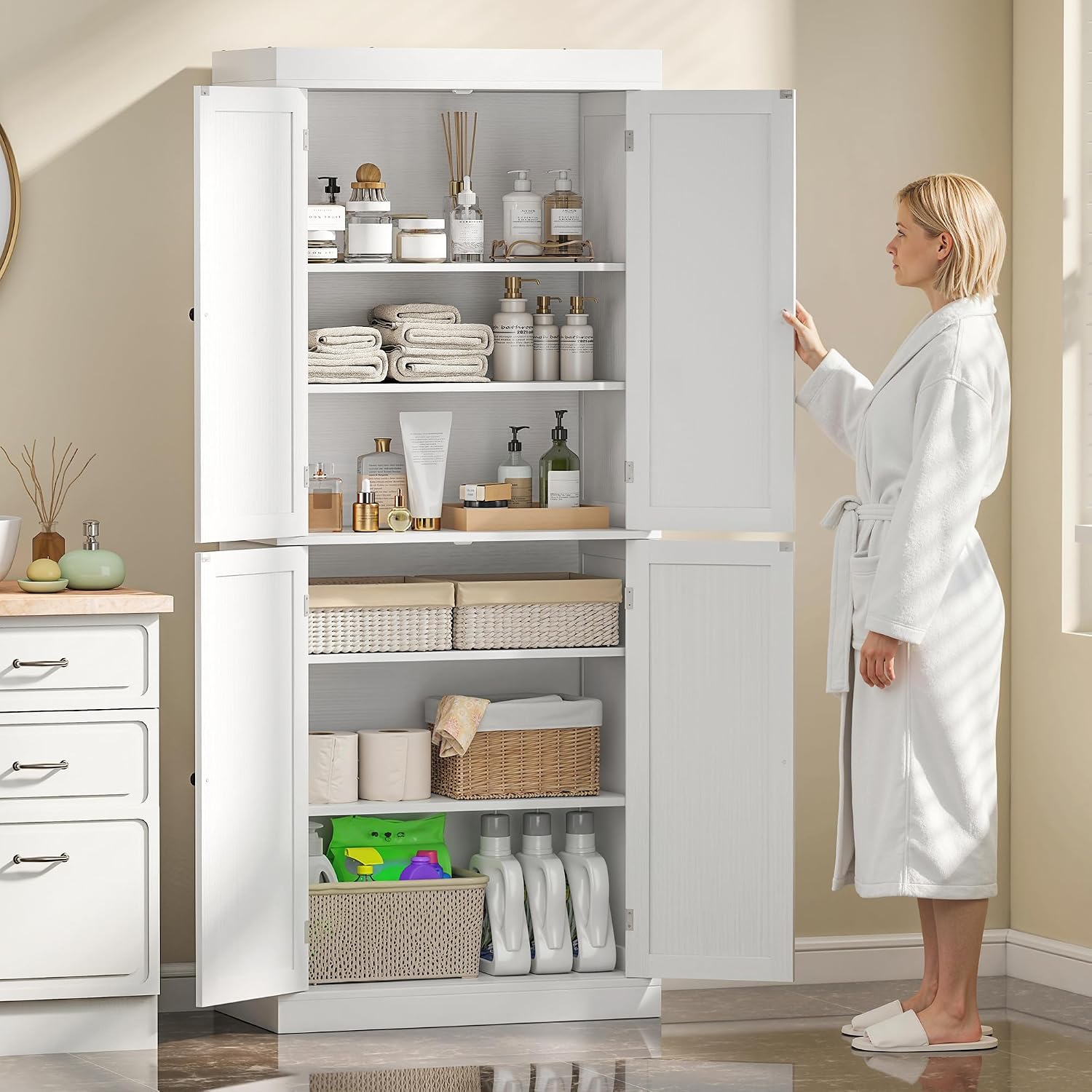 HOMCOM 72.5' Tall Kitchen Pantry Cabinet, Freestanding Modern Farmhouse Kitchen Storage Cabinet with 4 Doors and 2 Adjustable Shelves for Dining Room, White Wood Grain