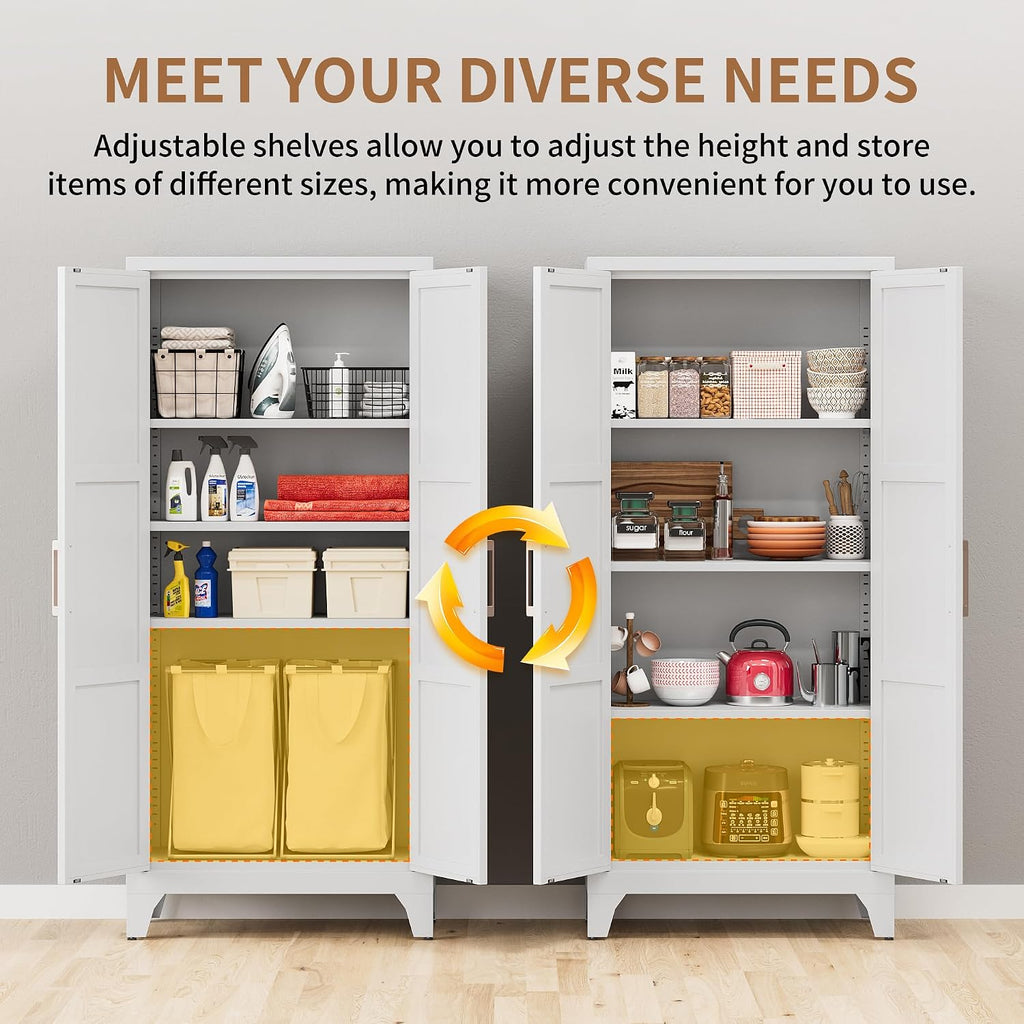 White Cabinet Metal Kitchen Pantry Storage Cabinet with Doors,61' Tall Food Storage Cabinets with Adjustable Shelves,Cupboard for Office,Dining Room and Bathroom