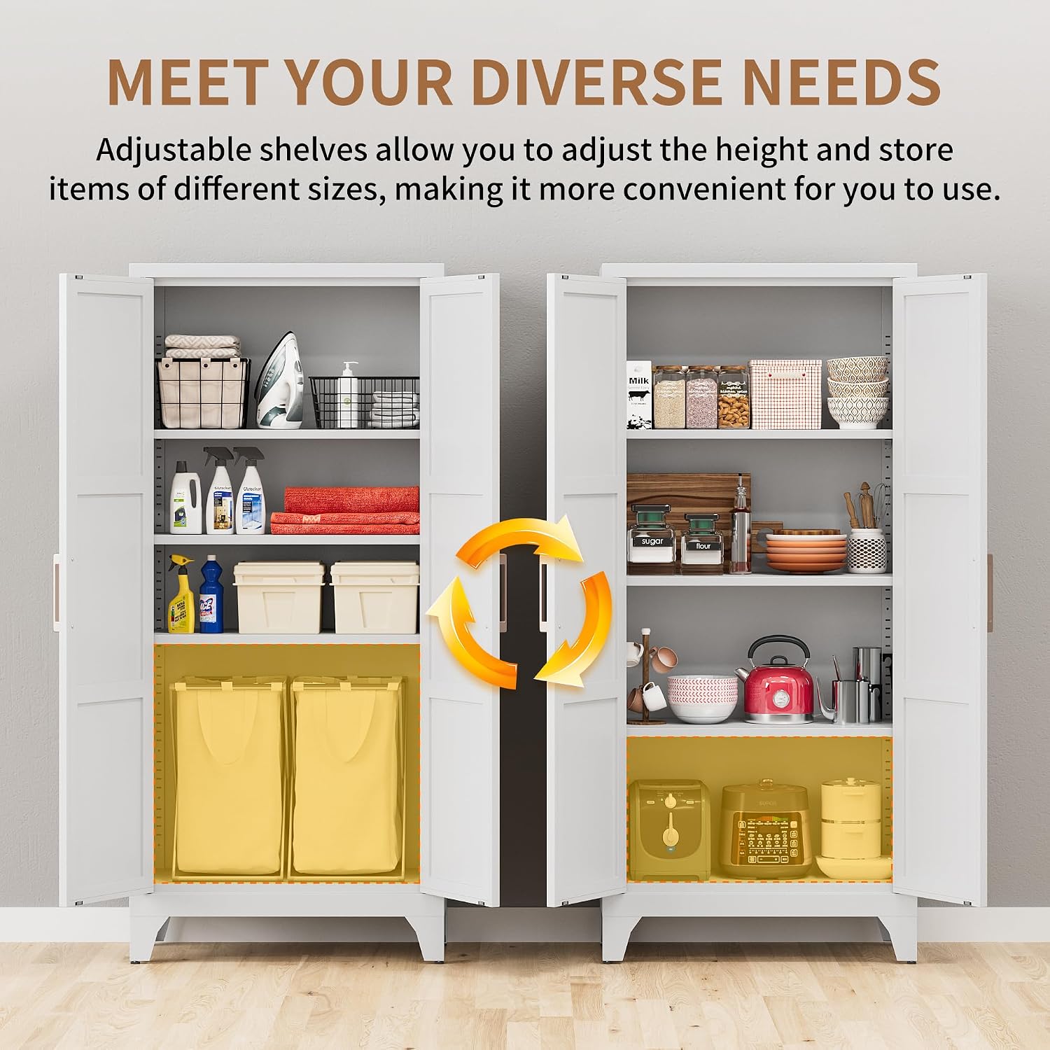 White Cabinet Metal Kitchen Pantry Storage Cabinet with Doors,61' Tall Food Storage Cabinets with Adjustable Shelves,Cupboard for Office,Dining Room and Bathroom