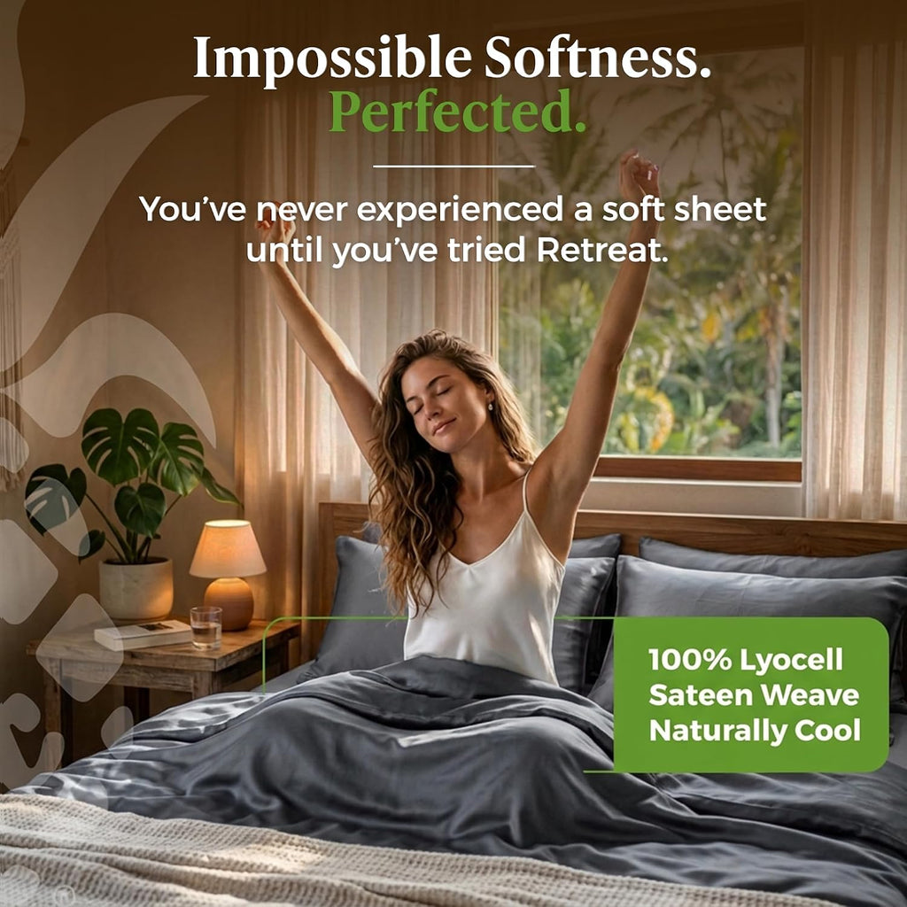 Cariloha Retreat 4-Piece Sateen Sheet Set | Laguna Blue | Queen | Lyocell Material | Breathable, Corner Straps, Extra Soft & Cooling