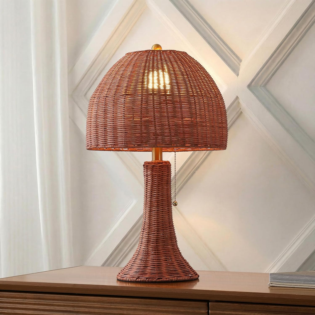 JONATHAN Y 22' Dark Brown Woven Rattan Mushroom Table Lamp Bohemian Coastal Bedside Lamp for Living Room Bedroom with Rattan Dome Shade LED Bulb Included JYL4011C