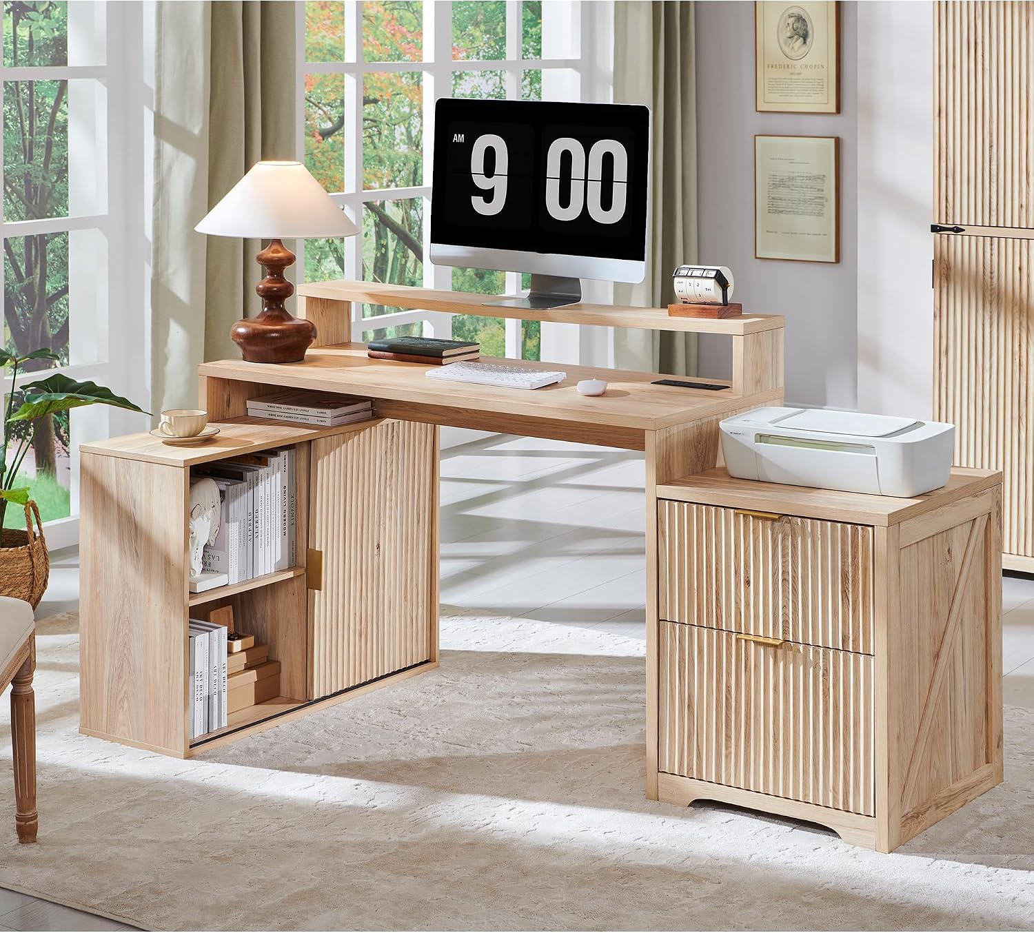 JXQTLINGMU 67' Modern L Shaped Desk with Storage Cabinet & Drawers, Wood Home Office Desk with Power Outlets, Fluted Computer Writing Desk, Oak