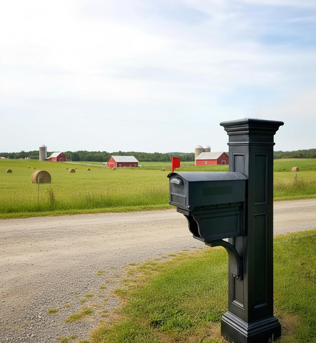 Mayne Inc. Liberty Single Arm Mail Post - Black - 31in L x 14in W x 64in H - Liberty Post & Arm, Hardware Kit (5805-B)