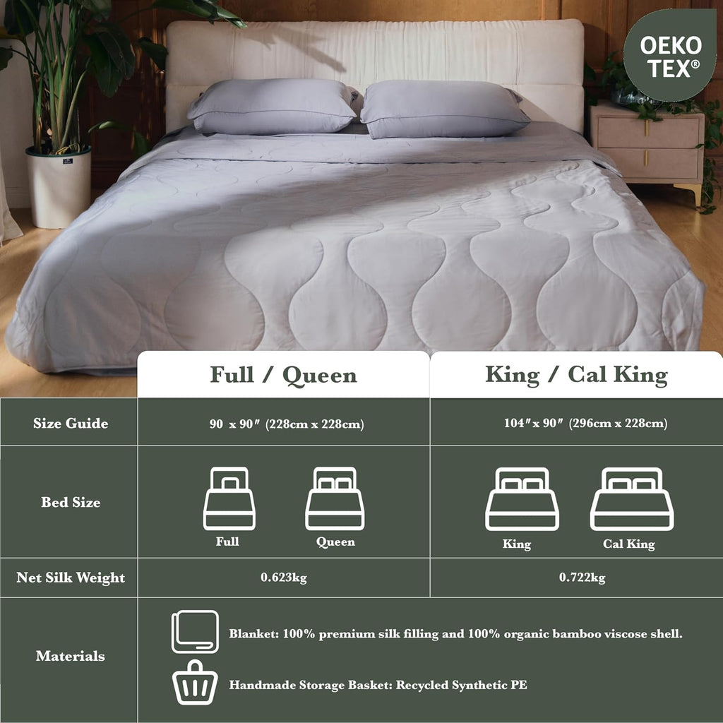 Silk Comforter Queen Size | 100% Mulberry Silk Fill with Organic Bamboo Viscose Shell | Summer Cooling Blanket for Hot Sleepers, Lightweight Breathable All-Season Bedding (Ice Grey, 90'x90')